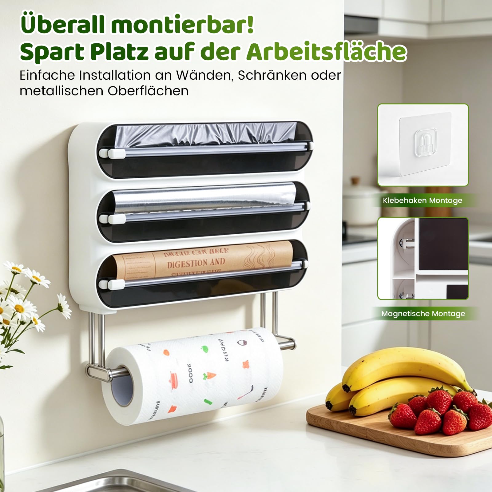 Dispensador de Papel Film y Aluminio & Soporte para Rollos de Cocina 4 en 1, Portarrollos Cocina con Cortador, Sin Taladrar, Pared y Contraparte Magnética, con Clips de Cierre (Negro)