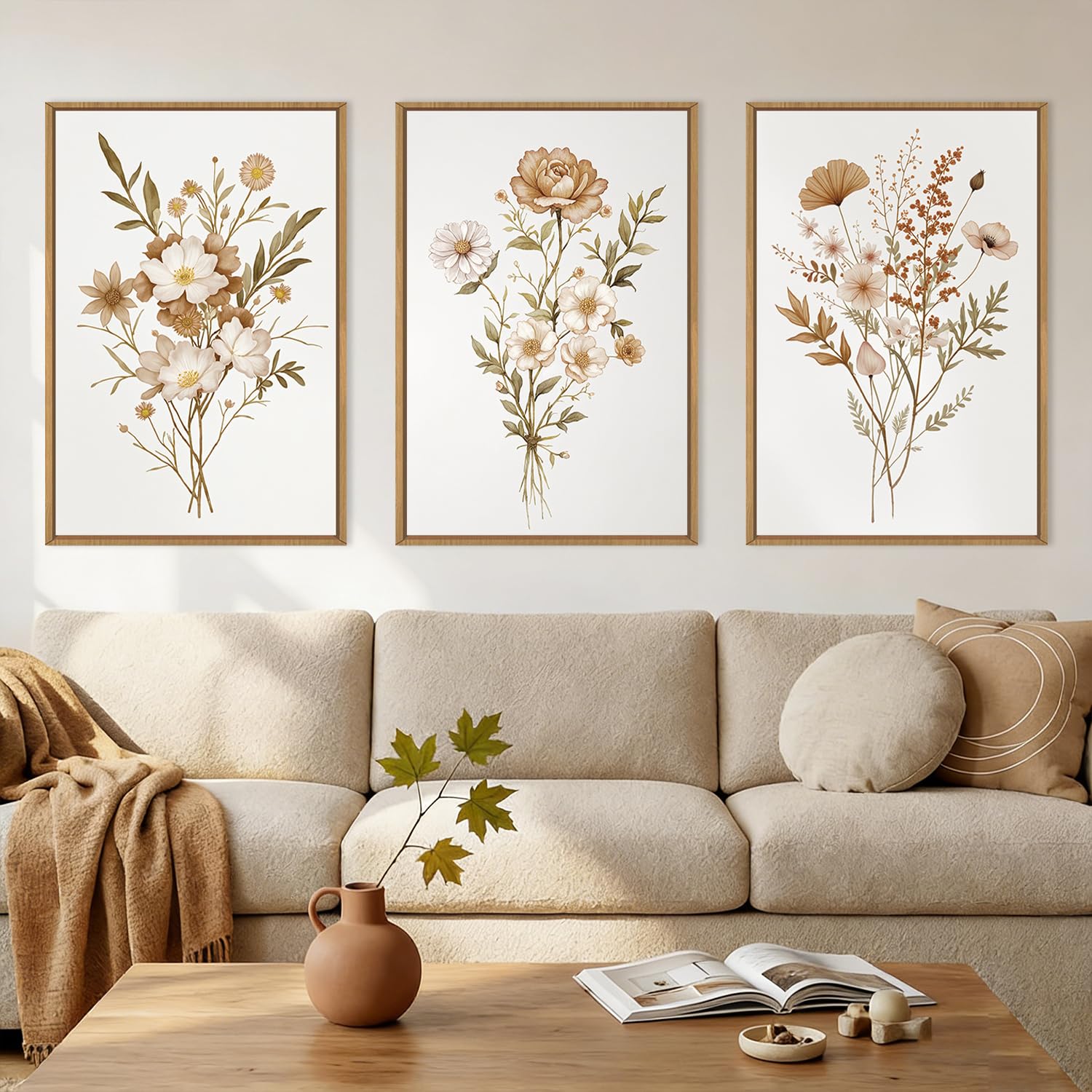 KAIRNE Neutral Boho Floral Framed Canvas Wall Art Set, Vintage Botanical FlowerWall Decor, Minimalist Wildflower Art Prints, Modern Beige Artwork for Living Room, Bedroom, Farmhouse, Office-24 x36 x3