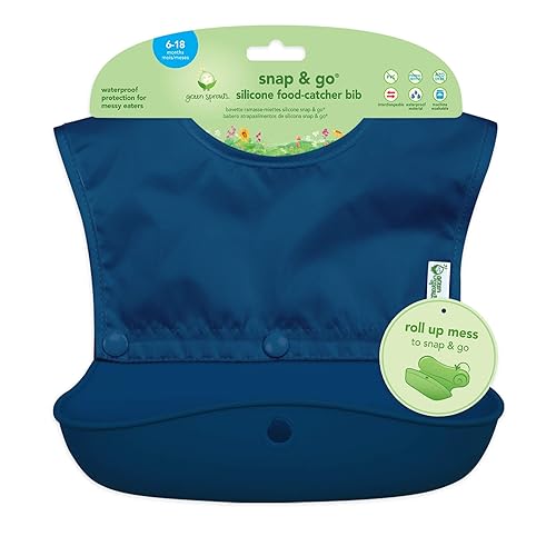 Miniatura 4 de green sprouts Snap & Go - Babero de silicona para atrapar alimentos, parte superior suave, impermeable + cuchara de silicona, enrollable para un