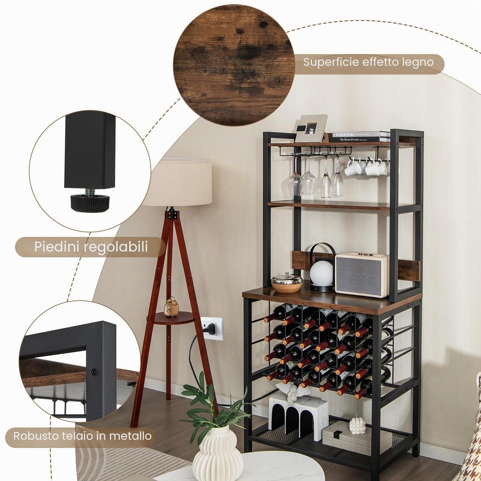 GIANTEX Scaffale Da Cucina Con Prese e Porte Usb, Armadietto Per Vino Con Supporto In Vetro Per 24 Bottiglie e 9 Bicchieri, Scaffale a 4 Livelli, 76 x 48 x 163 cm