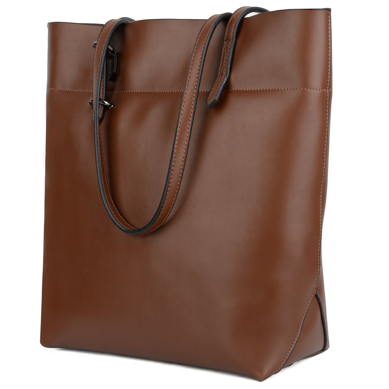 YALUXE Women's Large Capacity Leather Work Tote Zipper Closure Shoulder Bag  Tall Brown