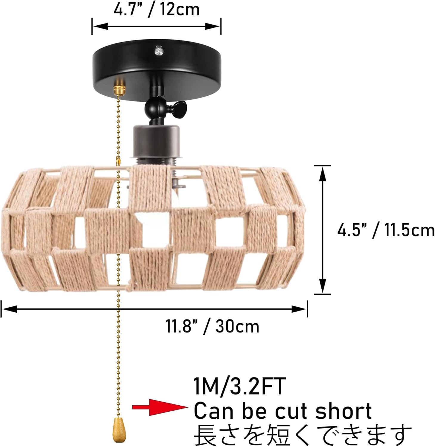 Adjustable Light, Zipper Switch 12V RV Industrial Natural Boho Style Mosaic Woven Rattan Drum Cover, E26 Socket Semi Flush Mount Interior Lighting Decorative for Boat Camper Hallway
