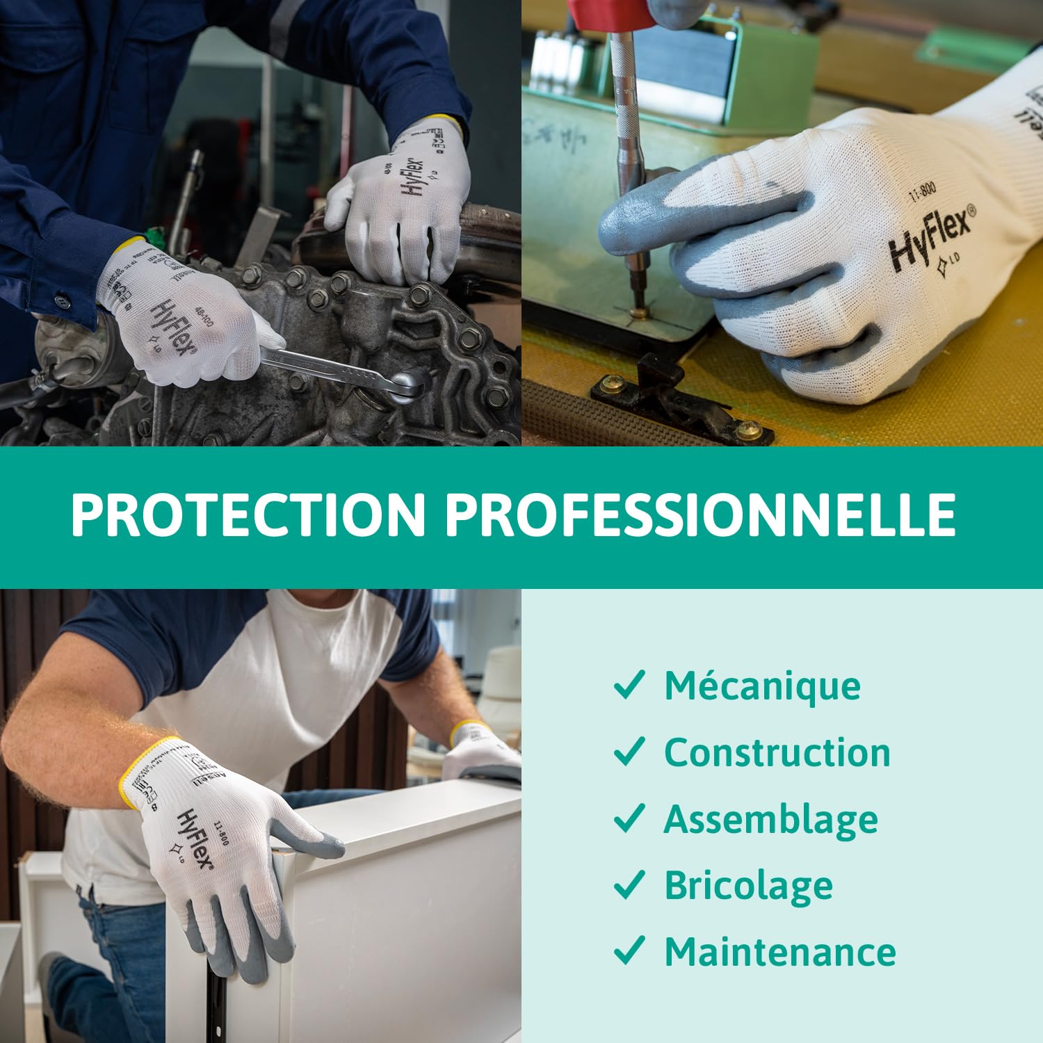 Ansell HyFlex 11-800 Gants de Travail Professionnels, Enduction Nitrile Résistante à l'Abrasion, Protection Industrielle Multiusage, Manutention et Mécanique, Blanc, Taille L (12 Paires)