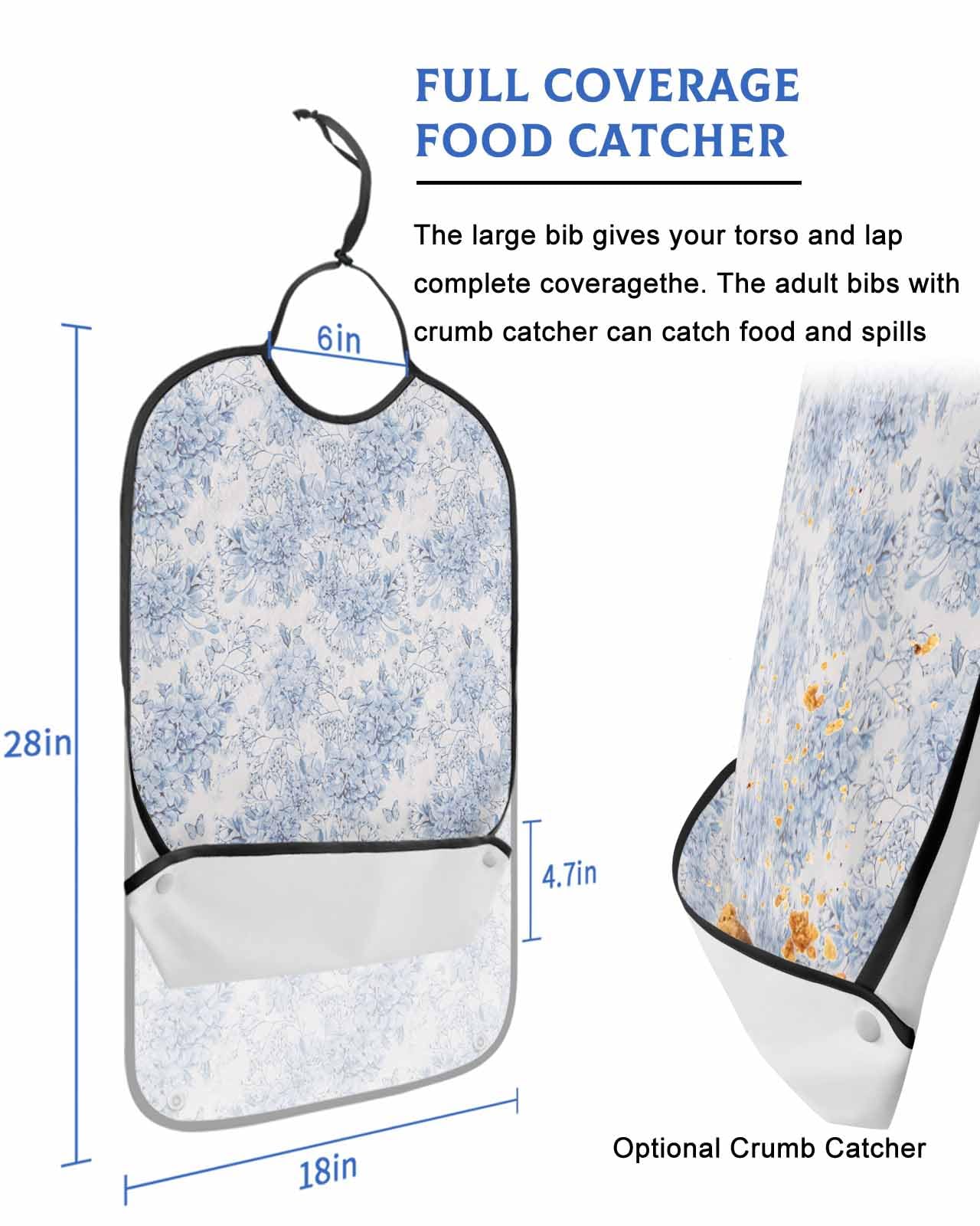 LEOKOTI Blue Spring Floral Adult Bibs for Eating, Waterproof Bibs with Food Catcher & Adjustable Snap Closure, Watercolor Elegant Summer Botanical Washable Clothing Protectors Adult Bibs for Elderly
