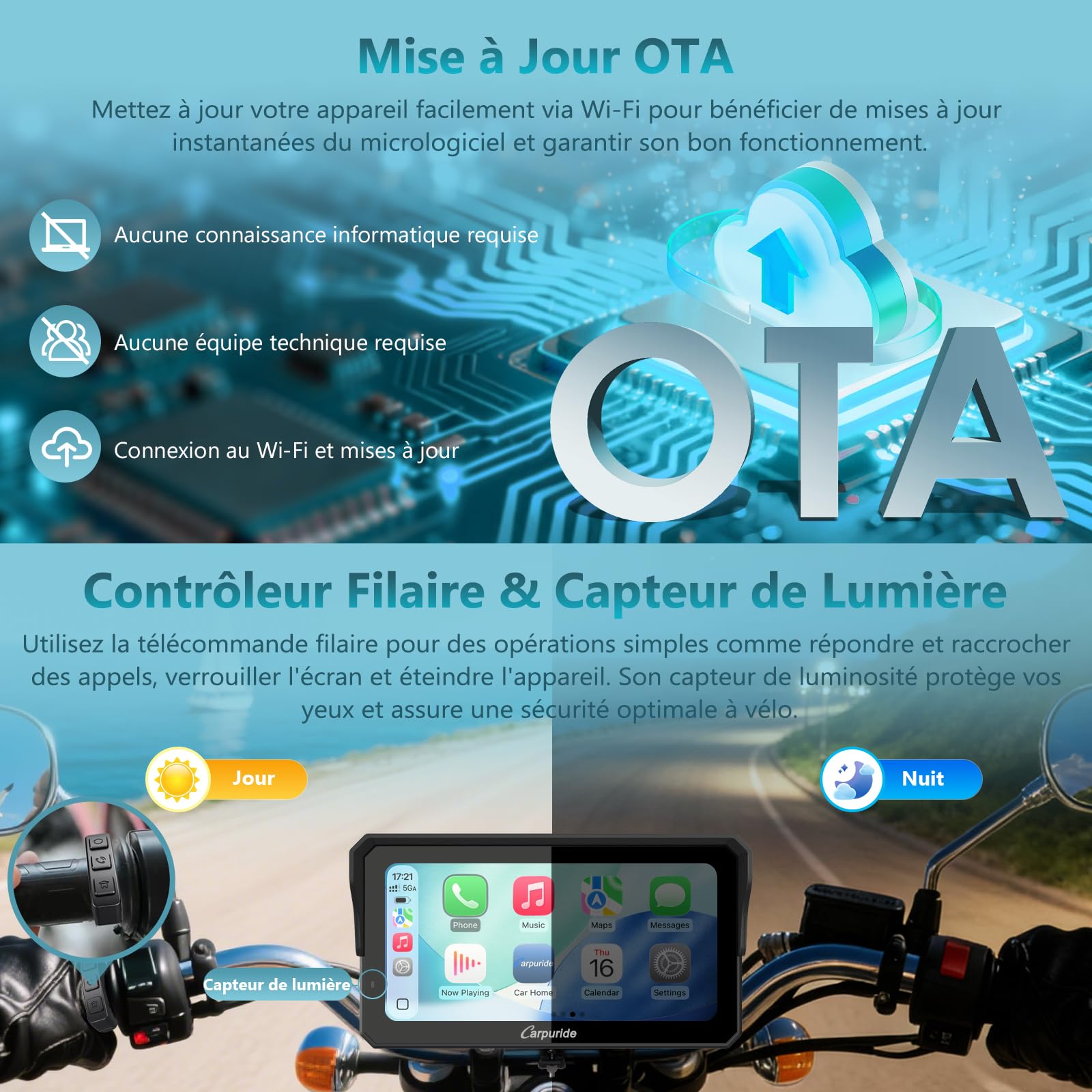 Carpuride W602S Pro Moto CarPlay Écran avec BM05 pour Plug-and-Play, Sans Fil CarPlay & Android Auto, 6,25" Étanche Tactile Écran, OTA, Double Bluetooth, Interphone Fonction, Filaire Contrôleur, Navi.