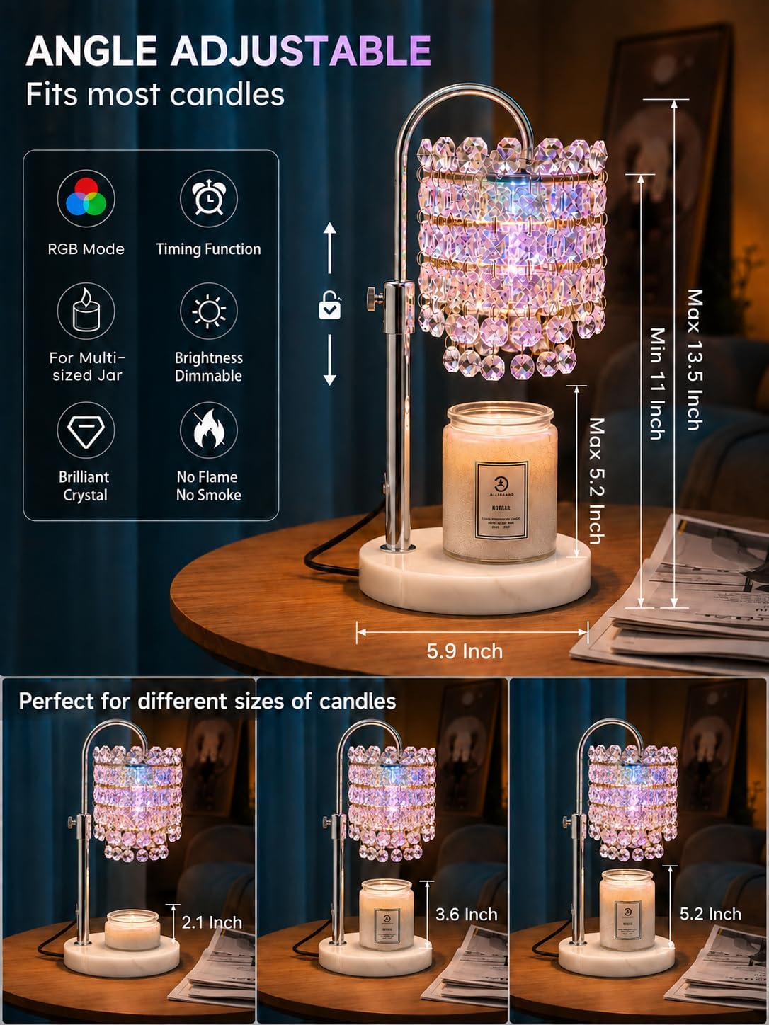 Candle Warmer Lamp with Timer & Dimmable Crystals Candle Lamp Warmer with RGB Mode, Adjustable Height Electric Candle Warmer with 3 Bulbs for Women Mom House Warming Gifts New Home Room Decor