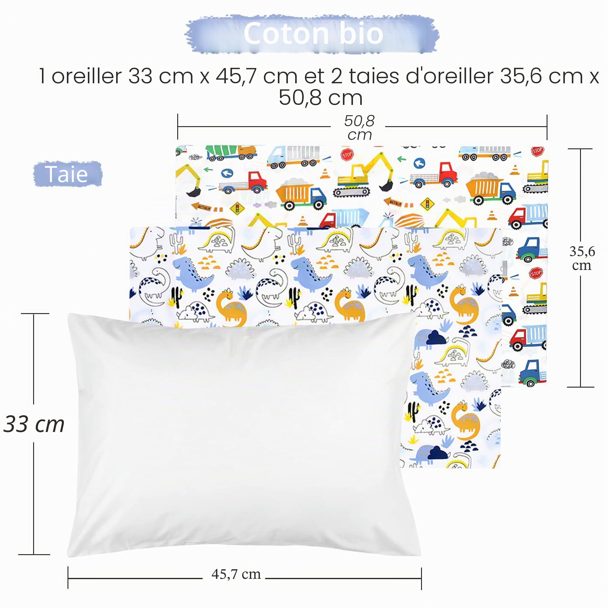 Baby Amabc Lot de 3 oreillers pour tout-petits, 1 oreiller pour enfants avec 2 taies d'oreiller douces 100 % coton (33 x 45,7 cm) pour tout-petits – avec taie d'oreiller lavable en machine – Parfait