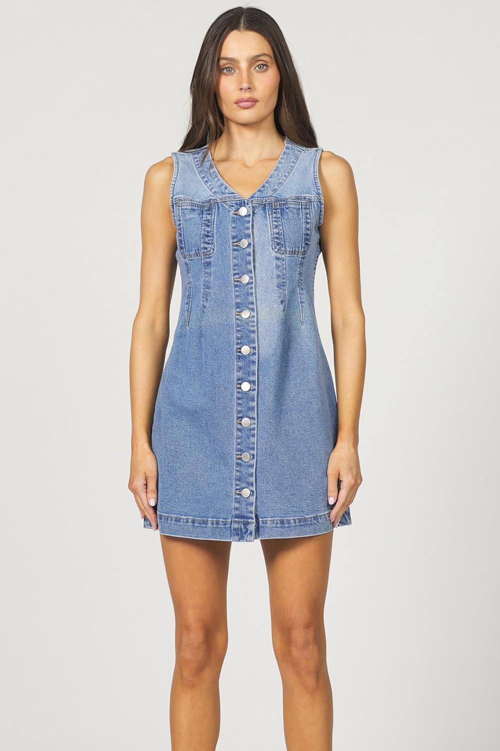 DEAR JOHN Sabrina Denim Dress Sleeveless Mini Classic Fit Stretch Zip Back Casual Outfit - Image 2