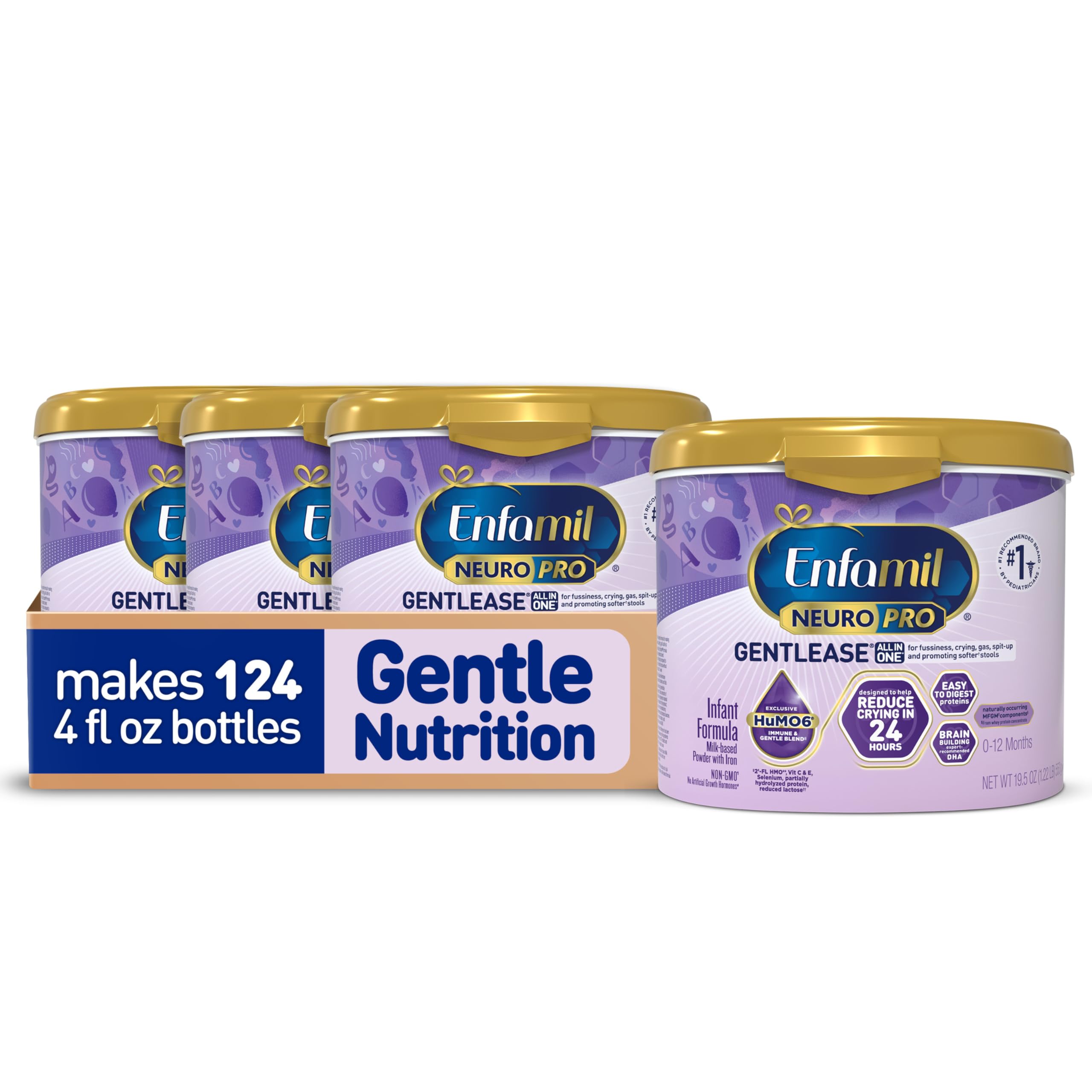 EnfamilNeuroPro Gentlease Baby Formula, Brain Building DHA, HuMO6 Immune Blend, Designed to Reduce Fussiness, Crying, Gas & Spit-up in 24 Hrs, Baby Milk, 19.5 Oz, Pack of 4