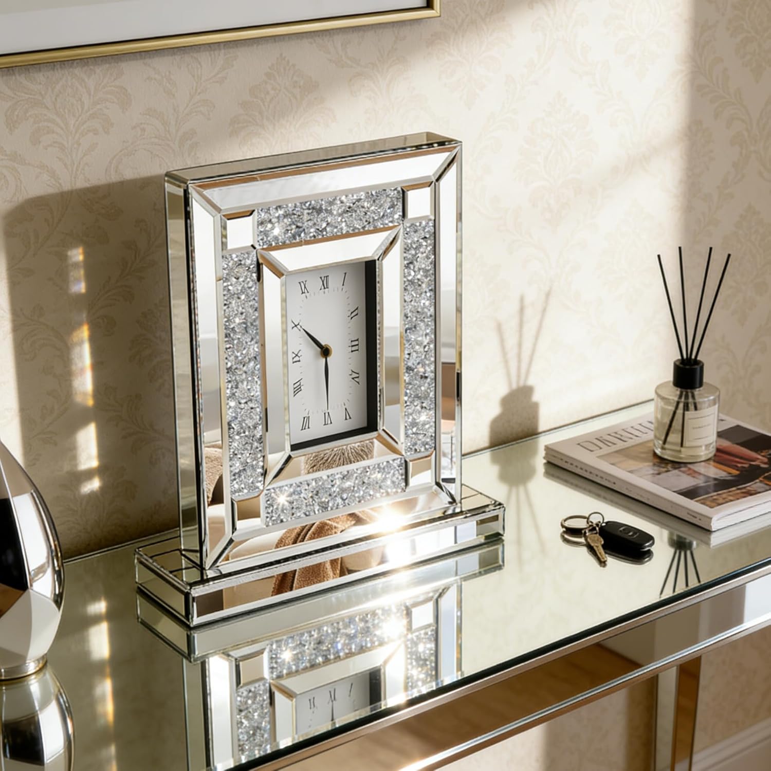 SHYFOY Mirrored Desk Clock with Crushed Diamond Inlay, 13" Decorative Table Clock, Silver Beveled Glass Mantel Clock, Non-Ticking Roman Numeral Tabletop Clock for Living Room Office Shelf Decor