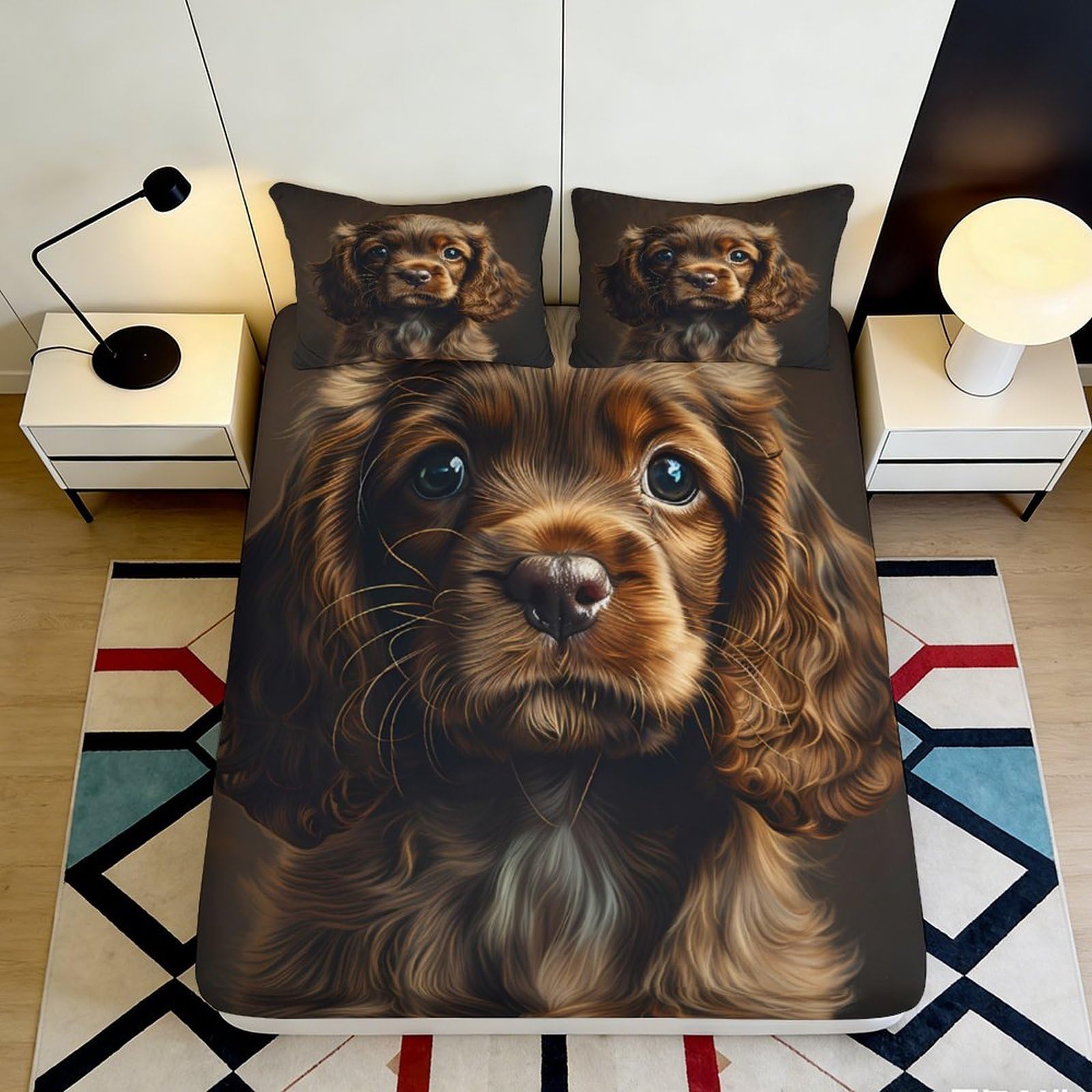 3D Printed Brown Puppy Fitted Sheet Microfiber Soft Breathable Dog Face Bed Cover for Bedroom Dormitory Guest Room Mattress Protection Decor 200x200x25cm