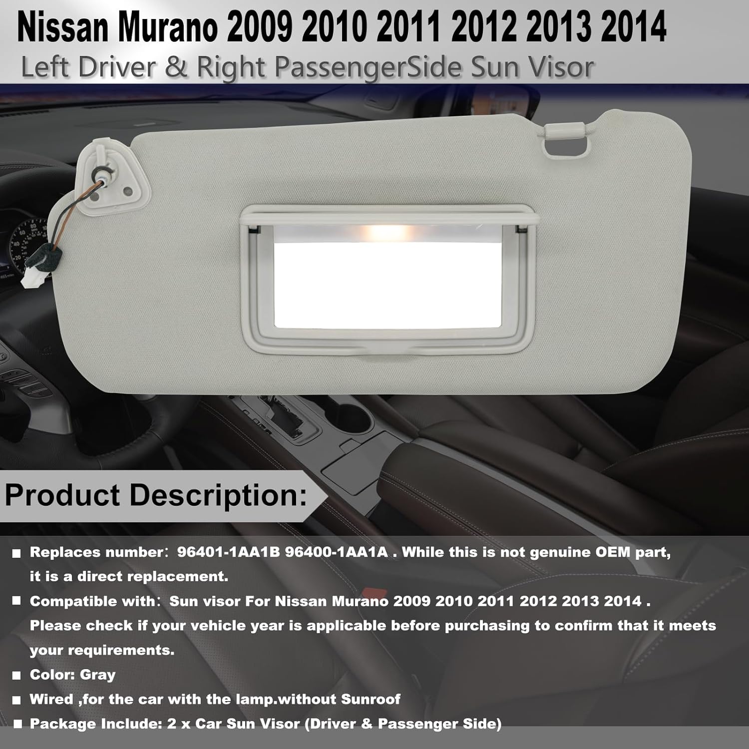 Driver & Passenger Side Sun Visor Compatible with Nissan Murano 2009 2010 2011 2012 2013 2014 Sunshade Replacement # 96401-1AA1B 96400-1AA1B(Gray)