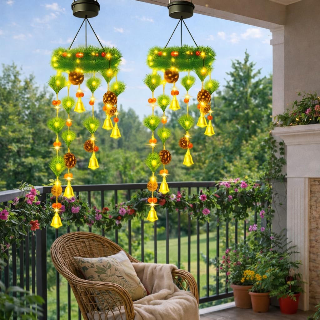 Solar Wind Chimes for Outside, 48 LED Hanging Wind Chimes Outdoor with Pine Cones, Bells & Red Berries, Solar Powered 2-in-1 Wind Chime Wreath for Garden, Porch, Patio, Yard, Winter Outdoor Decor - Image 2