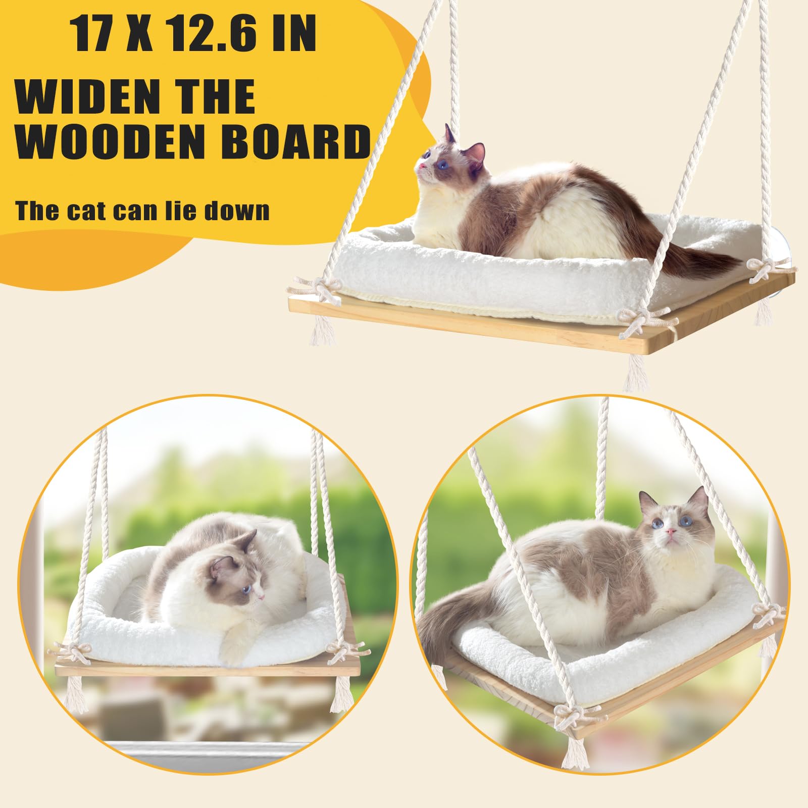 Hamaca para ventana de gato, asiento de ventana para gato con funda de cama, asiento de madera maciza con ventosas fuertes, cama colgante para gatos pequeños y medianos de interior