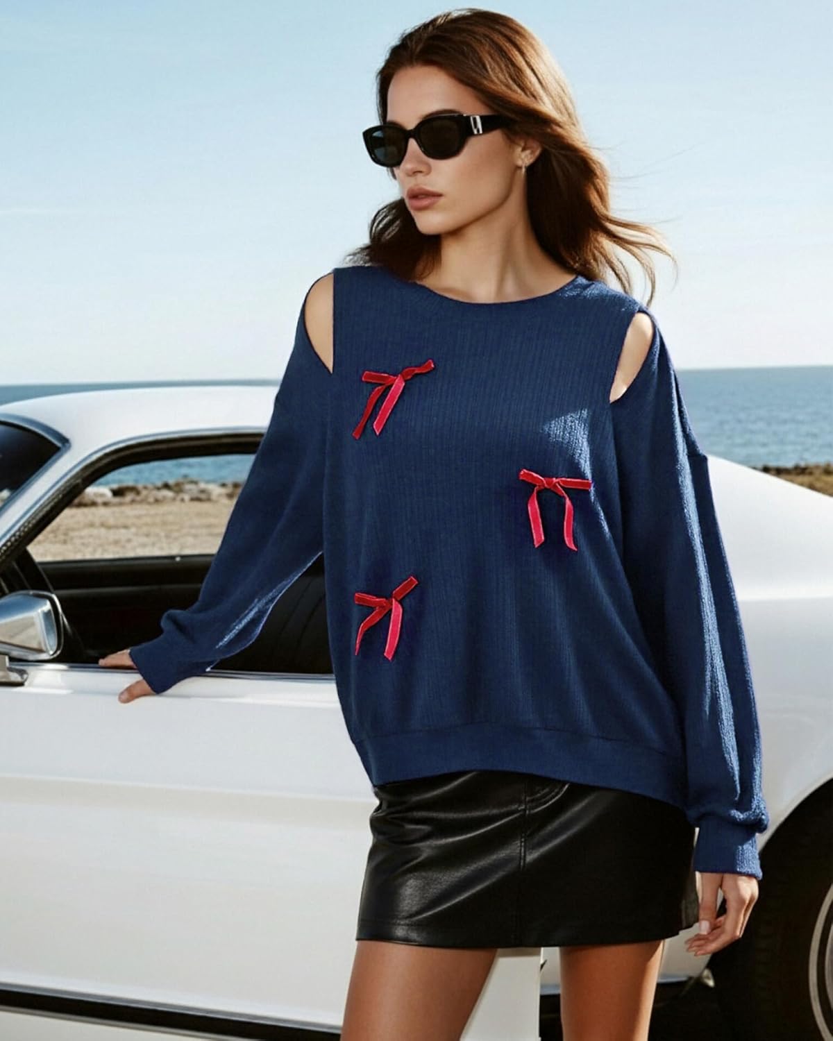 Unixseque Long Sleeve Shirts for Women Lightweight Knit Off Shoulder Bow Tops Trendy Casual Fall Outfits - Image 3