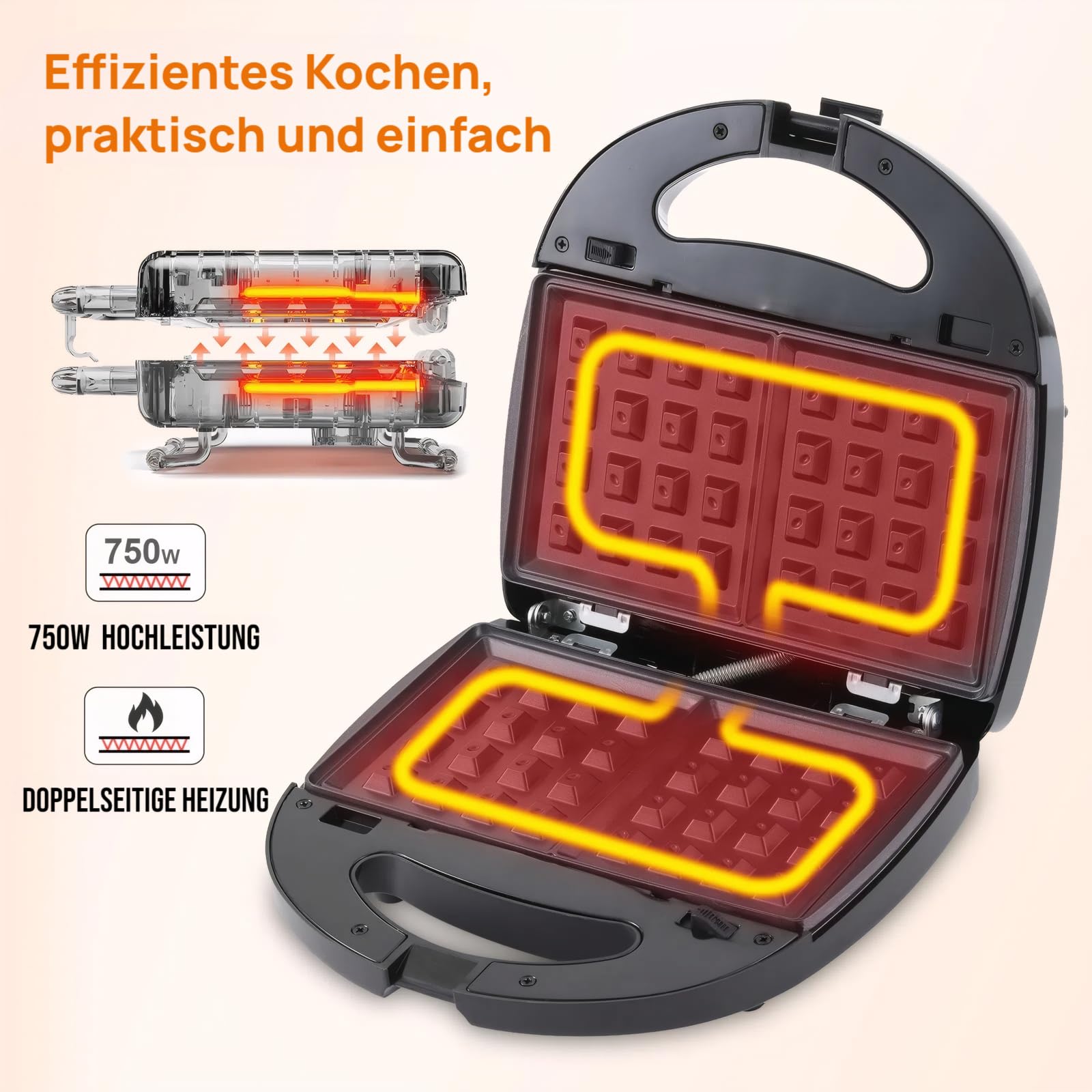 OKYUK Sandwichmaker mit 6 wechselbaren Platten, 750W Sandwichtoaster Waffeleisen mit Antihaftbeschichtung für Frühstück, Panini und Grillen