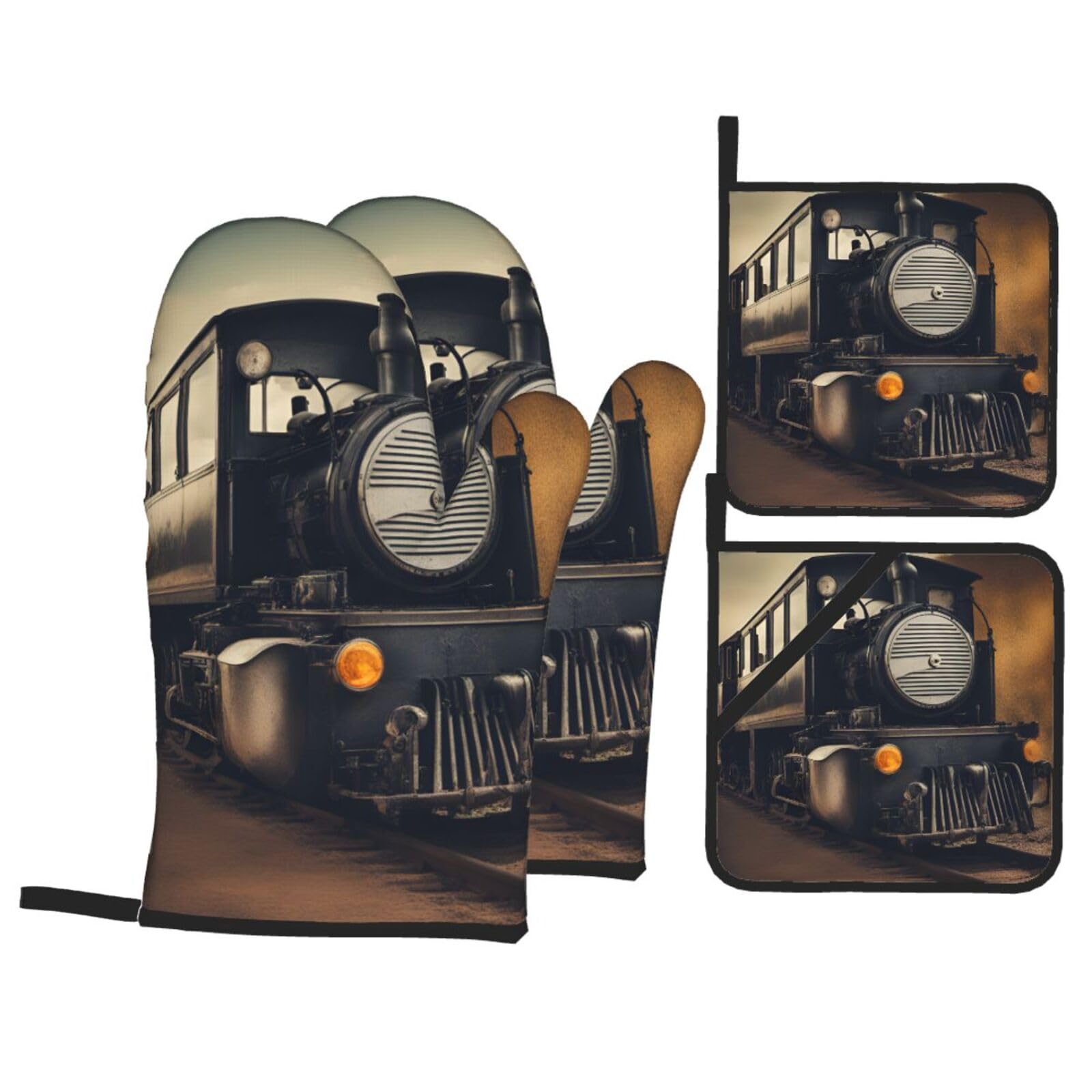 locomotive Print 4-Piece Oven Microwaving Set Waterproof Kitchen Gloves for Baking Grilling Cooking