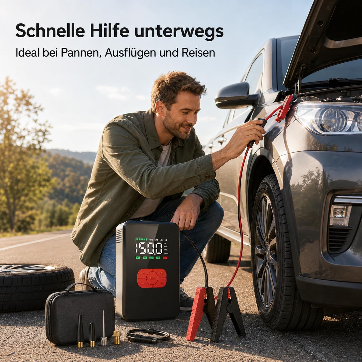 7000A Starthilfe 12V mit 26800 mAh Powerbank, 150 PSI Kompressor, LED-Notlicht SOS, 3,3" Display, Auto Motorrad Fahrrad Reifenpumpe, Pannenhilfe & Camping