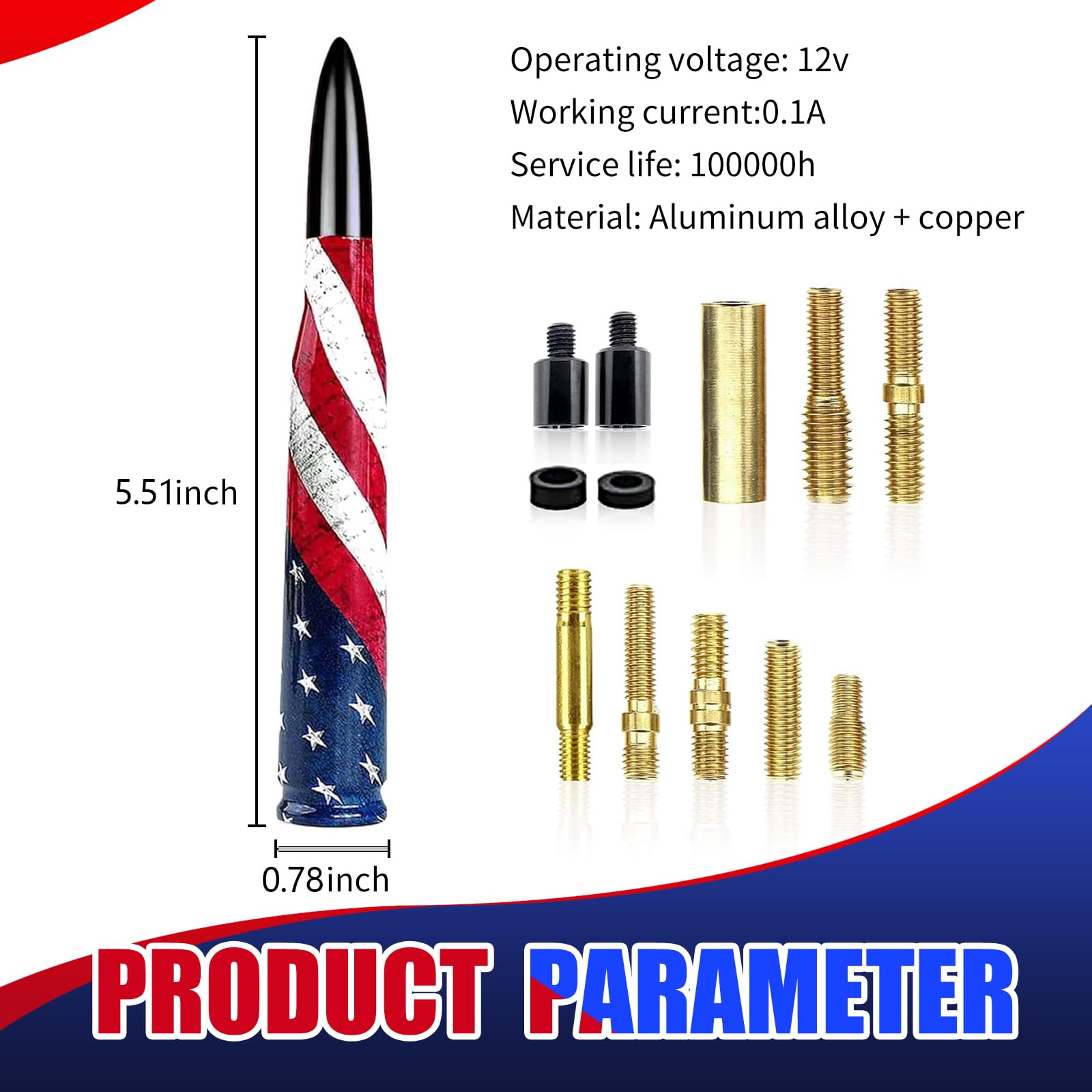 Yumfugu 1 PC Car American Flag Bullet Antenna, 5.51