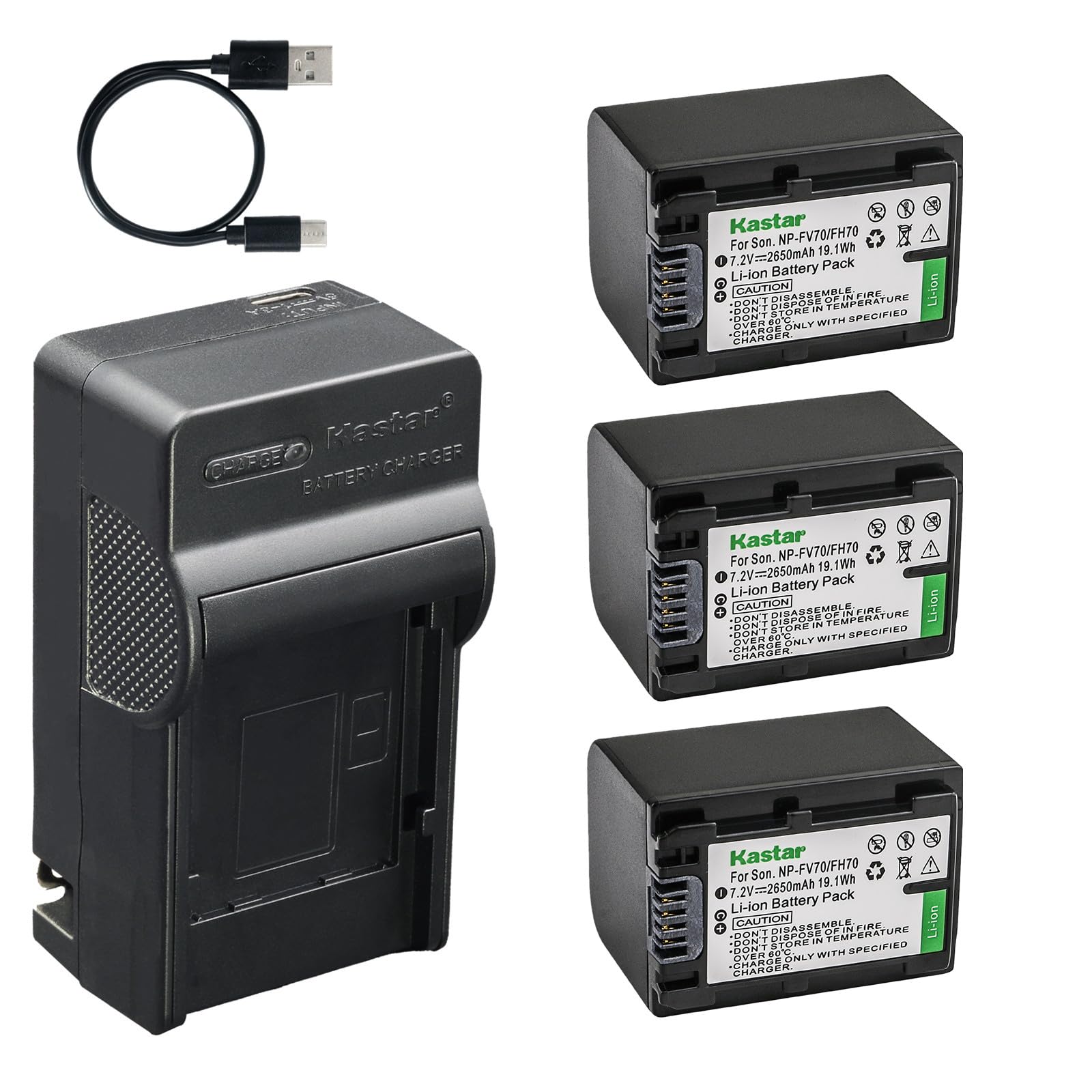 Kastar 3-Pack Battery and AC &amp; USB-C Charger, Compatible with Sony NP-FV30 FV50 FV70 FV90 FV100, DCR-PJ SR SX, FDR-AX, HDR-CX HDR-PJ HDR-TD HDR-XR, NEX-VG Series, HXR Series, PXW-Z90V PXW-X70 Cameras