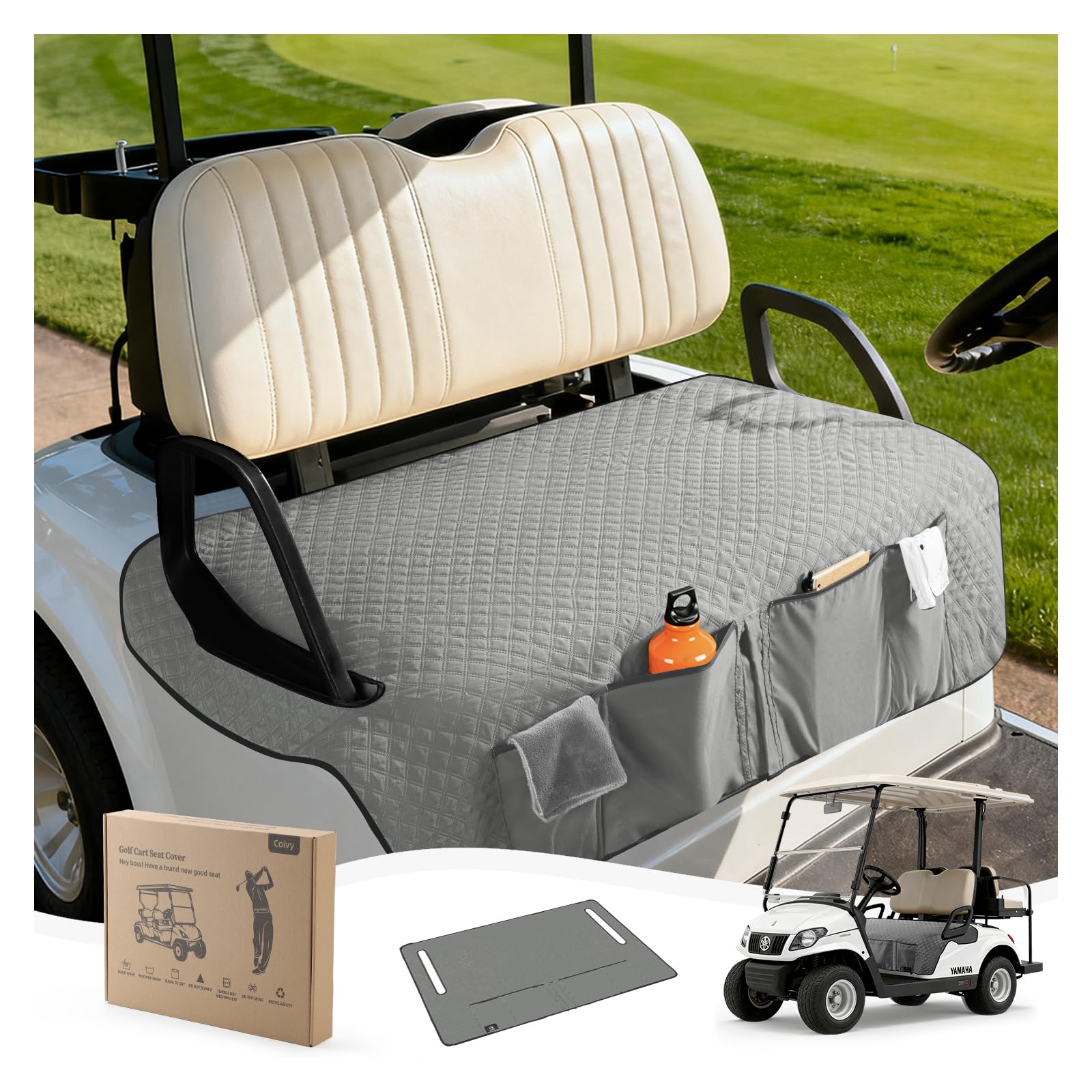 Coivy Golf Cart Seat Covers,Golf Cart Seat Towel Blanket with 4 Front Pockets & Nonskid Bottom Fits for EZGO, Yamaha, Club Car and More 2 Person Seats