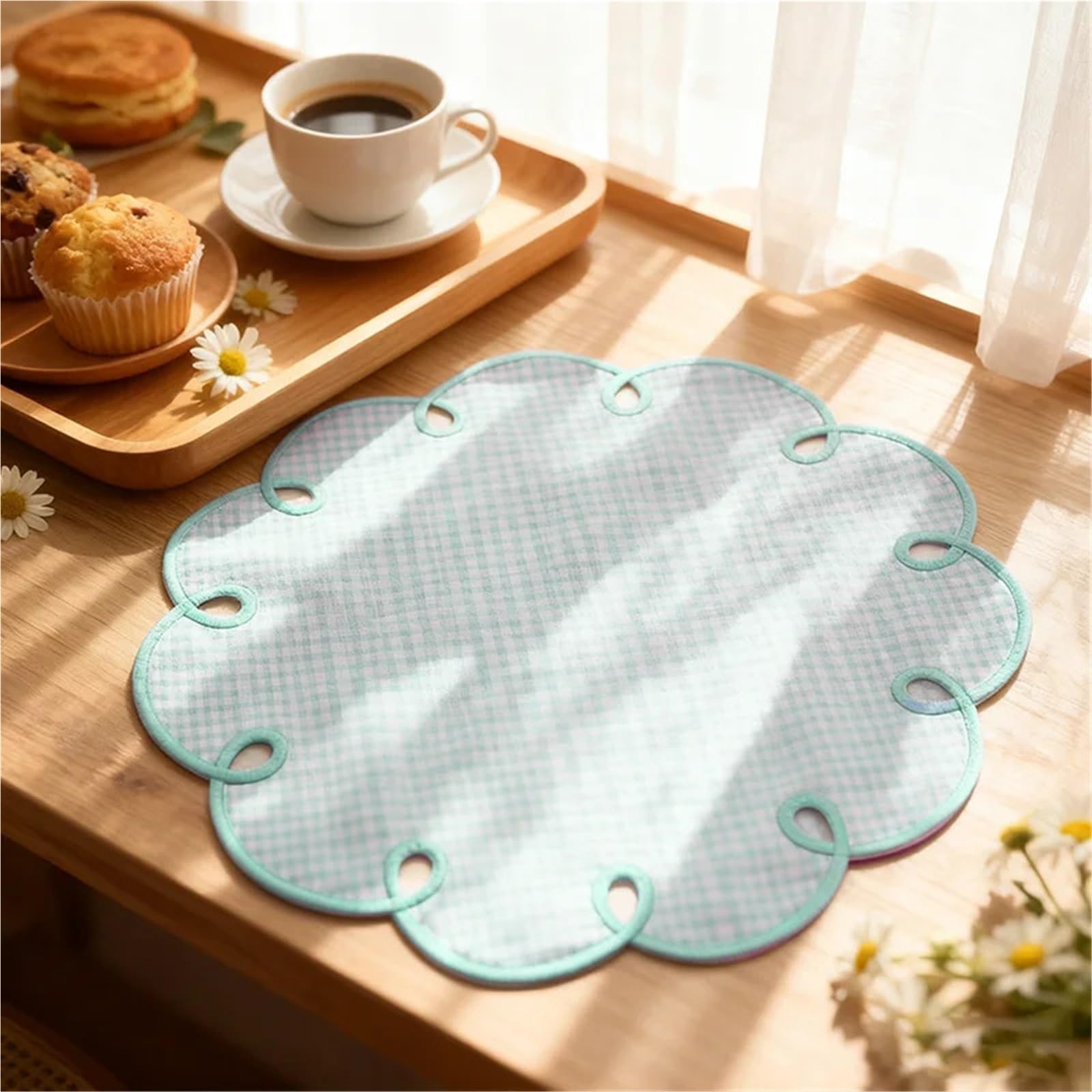 Hellblau Kariertes, Besticktes Rand-Romantisches Retro-Tischset aus weicher Serviette for die Außendekoration, Party-Tischservietten(Light a 6pcs)