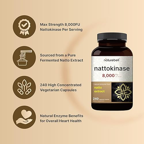 Miniatura 3 de NatureBell Suplemento de nattoquinasa 8,000 FU por porción, 240 cápsulas vegetales  Fuente de extracto tradicional de natto - Enzima de fuerza