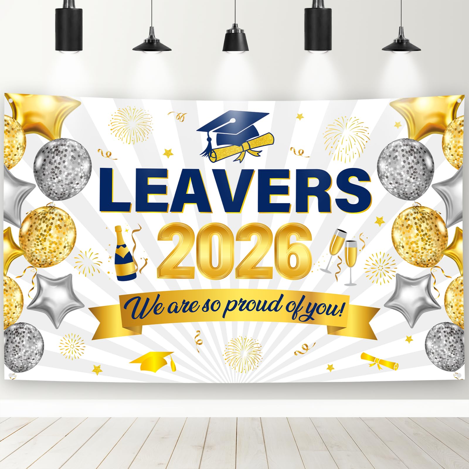 JoyAura Graduation Banner Backdrop, 180 * 110cm White Gold Congratulations Leavers 2026 Banner, Class of 2026 Prom Party Decor Supplies Photo Background