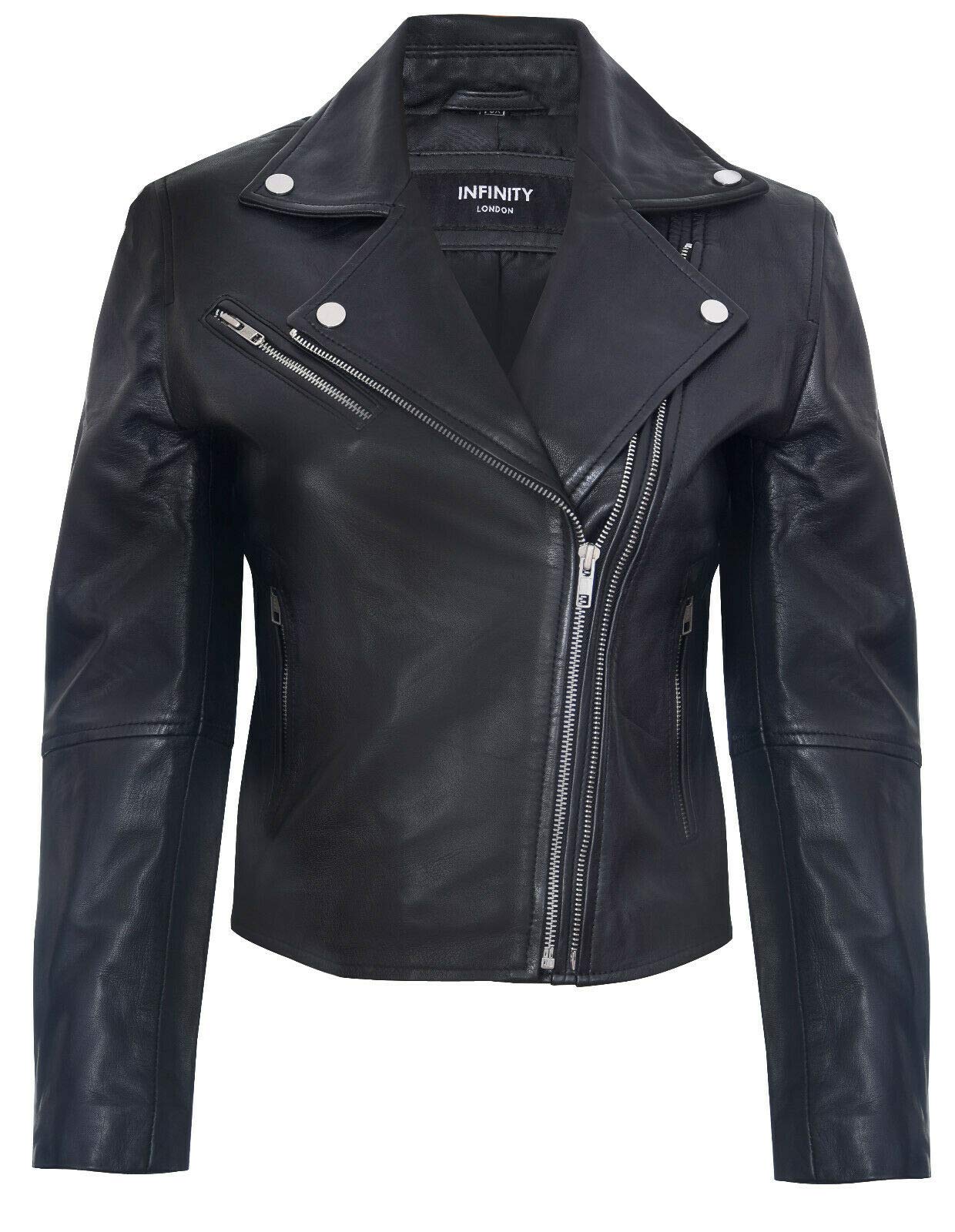 Ladies Leather Jacket Classic Biker Style Black Real Leather Womens Jacket XL