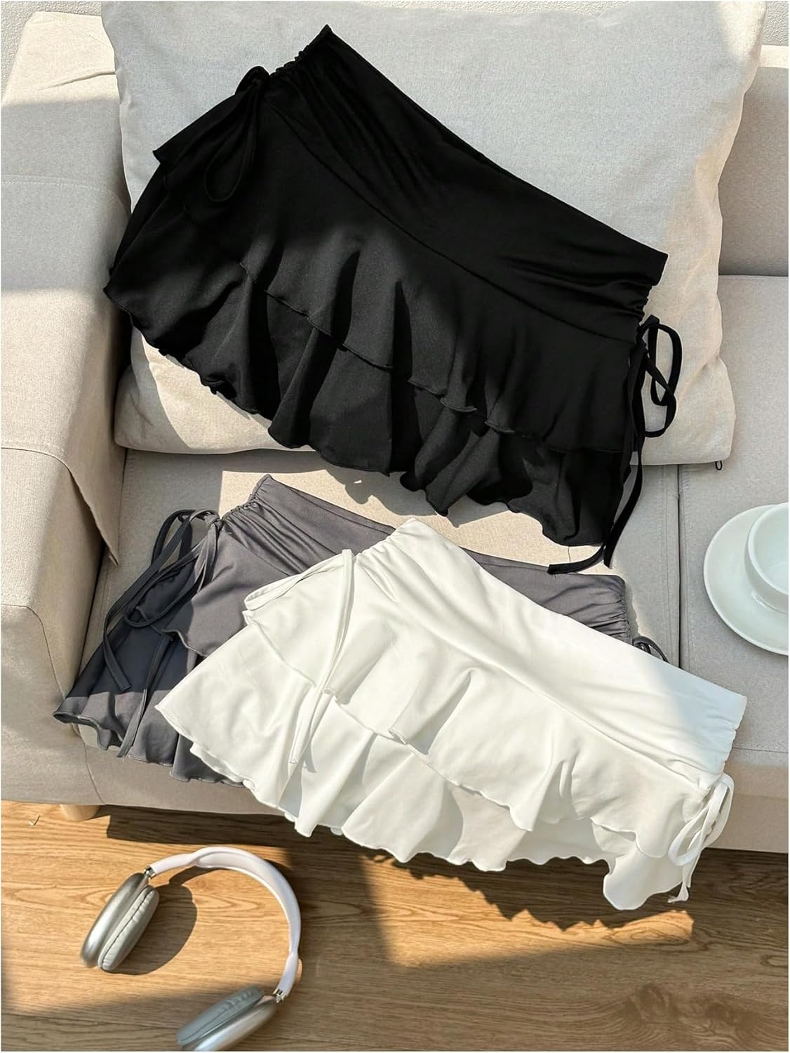 SHENHE Women's 3 Pack Y2k Ruffle Mini Skirt Low Rise Tiered Layer Drawstring Side Coquette Skirt - Image 2