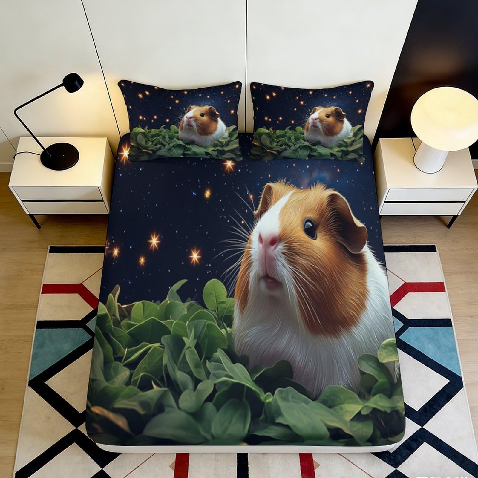 3D Printed Guinea Pig Fitted Sheet Microfiber Soft Breathable Starry Night Bed Cover for Bedroom Dormitory Guest Room Mattress Protection 90x200x25cm