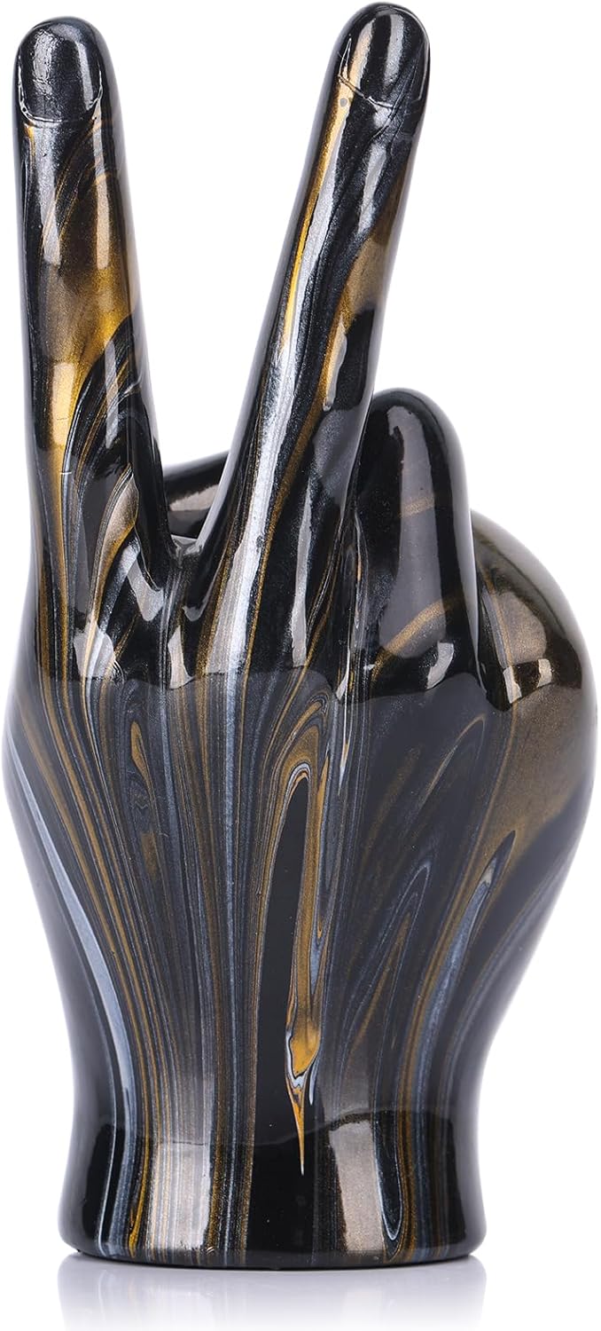 LCCCK Black and Gold Peace Sign Decor Hand Sculpture, Creative Peace Symbol Statue Desk Decor, Black Gold Home Decor Centerpieces - for Office Living Room Bedroom Entrance Tv Cabinet Decoration
