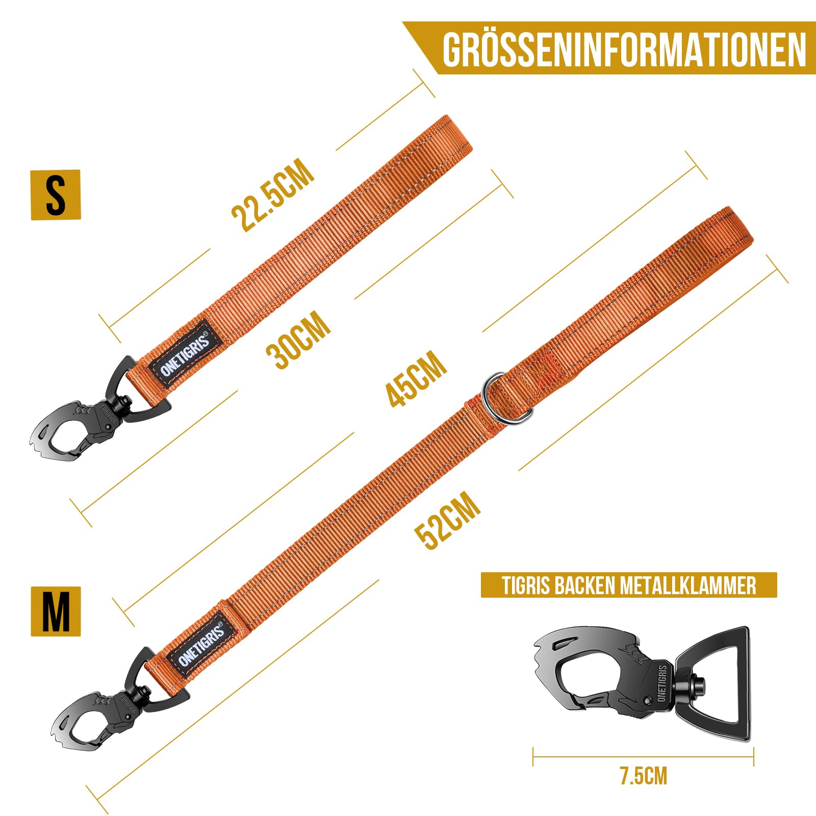 OneTigris Bolt - Guinzaglio corto per cani da 52 cm, con dentata di tigre in metallo e morbida imbottitura, riflettente, in nylon, adatto per cani di taglia media, colore arancione
