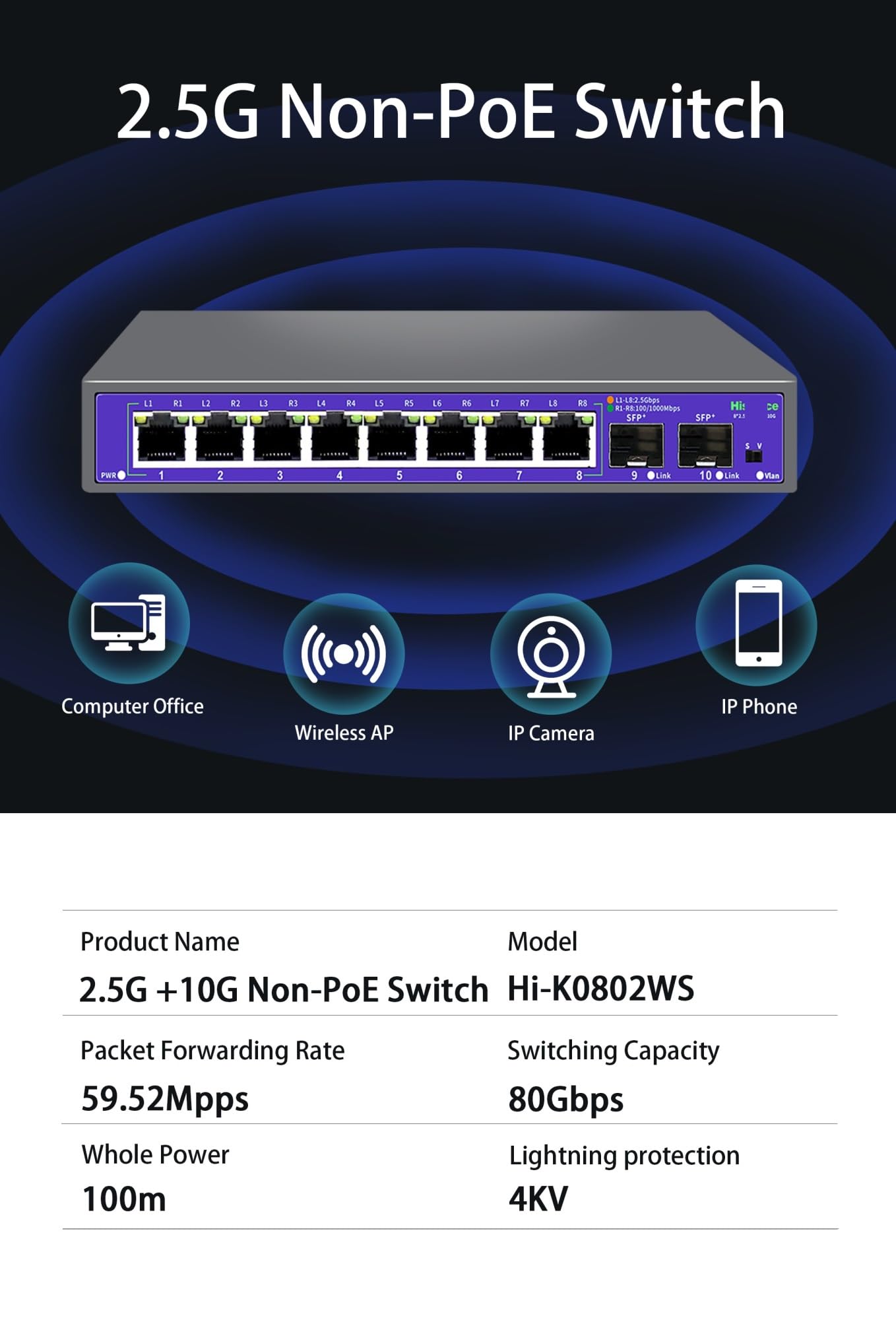 Commutateur réseau 2,5 G sans POE 5 8 ports Ethernet avec 2 x 10 G SFP+ pour caméra IP/NVR (K0802WS Prise britannique)