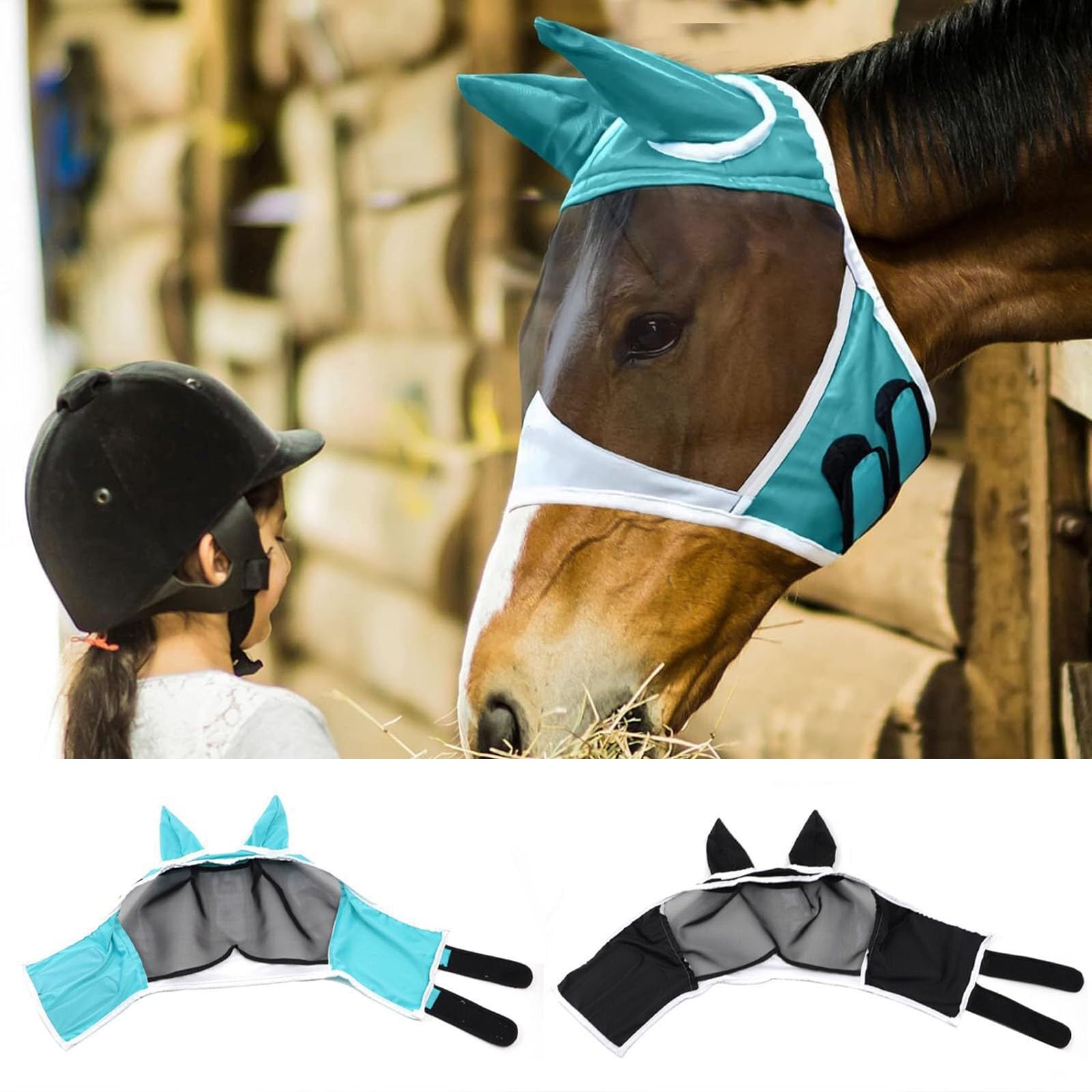 Masque anti-mouches cheval protection nasale UV, couvre-nez maille respirante poney cob shetland, fermeture velcro réglable