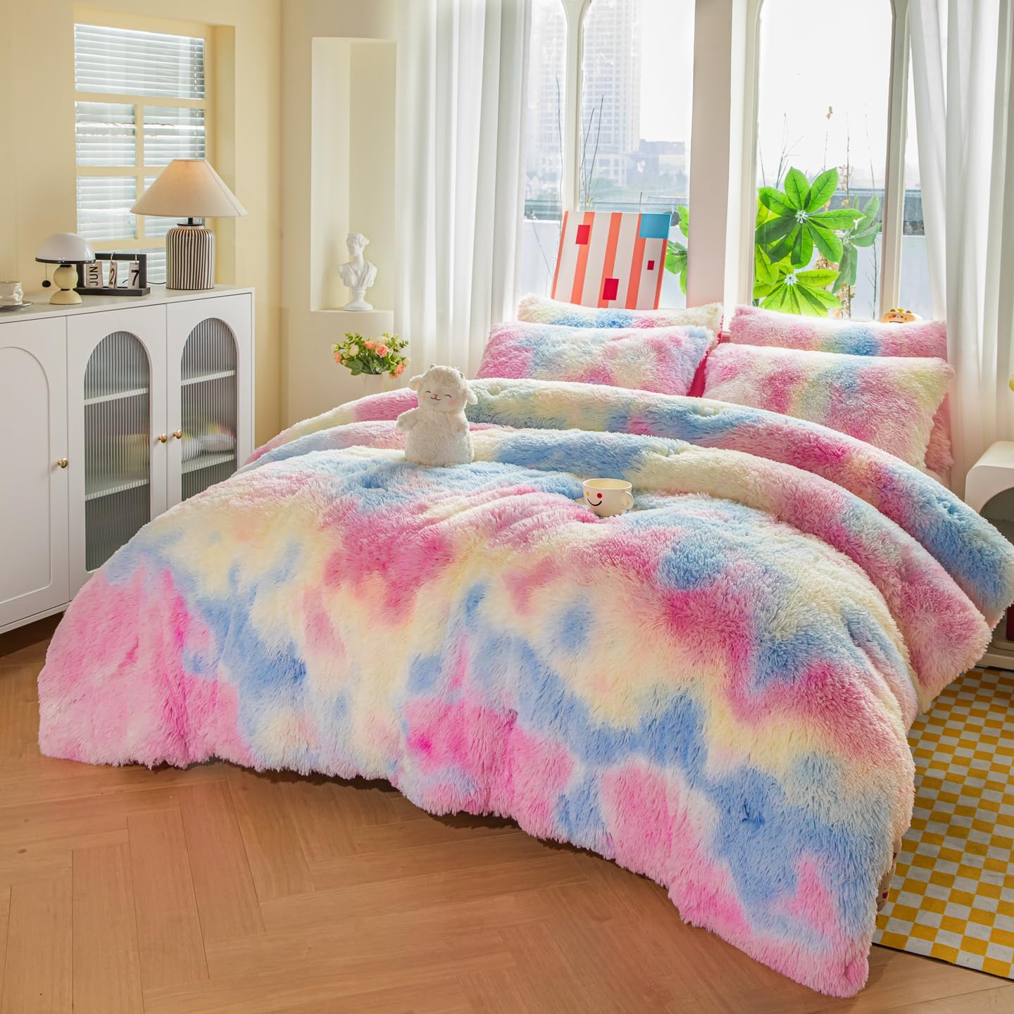 chovy Kids Girls Faux Fur Sunshine Rainbow Comforter Sets Twin/Full - 3PC Bed Set Soft Warm Comfortable Rabbit Plush Velvet Flannel Fluffy Fuzzy Bedding(Comforter x 1 Pillowcases x 2) - Image 4