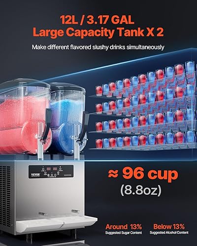 Miniatura 2 de VEVOR Máquina comercial para granizar, máquina de bebidas congeladas de doble tanque de 12 pulgadas x 2, 96 tazas de acero inoxidable para batido de