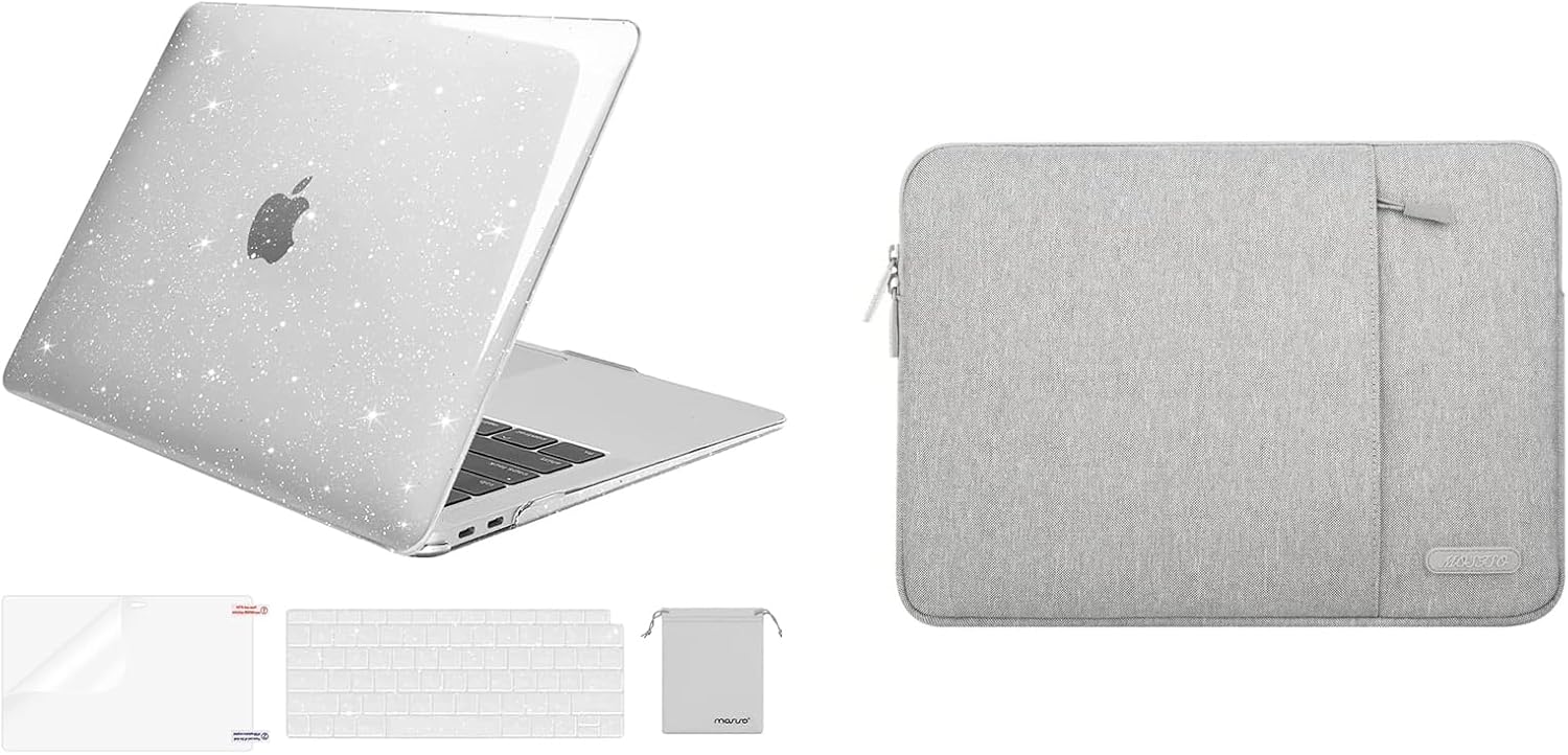 MOSISO Compatible with MacBook Air 13 inch Case 2018-2022 Release A2337 M1 A2179 A1932, Glitter Plastic Hard Shell&Vertical Bag with Pocket&Keyboard Cover&Screen Protector&Storage Bag,Transparent&Gray