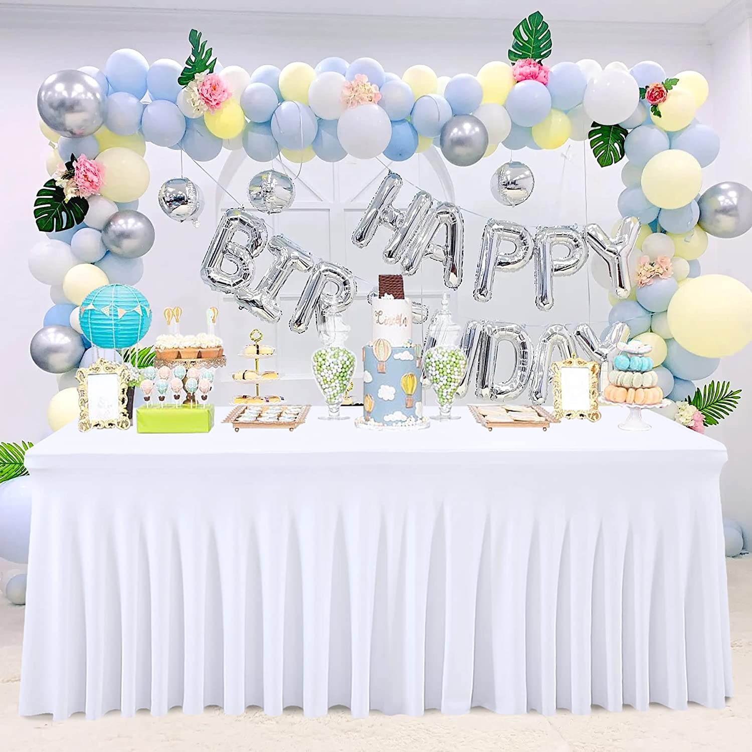 NSSONBEN Lot de 1 nappes en élasthanne Blanche pour Tables rectangulaires de 180 cm, infroissables, Extensibles avec Jupe pour Banquet, fête, Mariage, Anniversaire, réunion, décoration