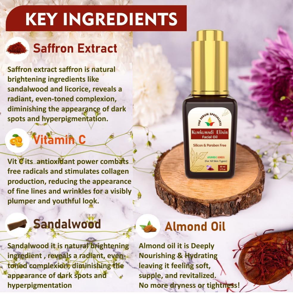 Image of Kumkumadi Face Oil - Brightening & Complexion Enhancing | Saffron Infused | All Skin Types | Paraben Free | 100% Pure from Himalayas - 30ml