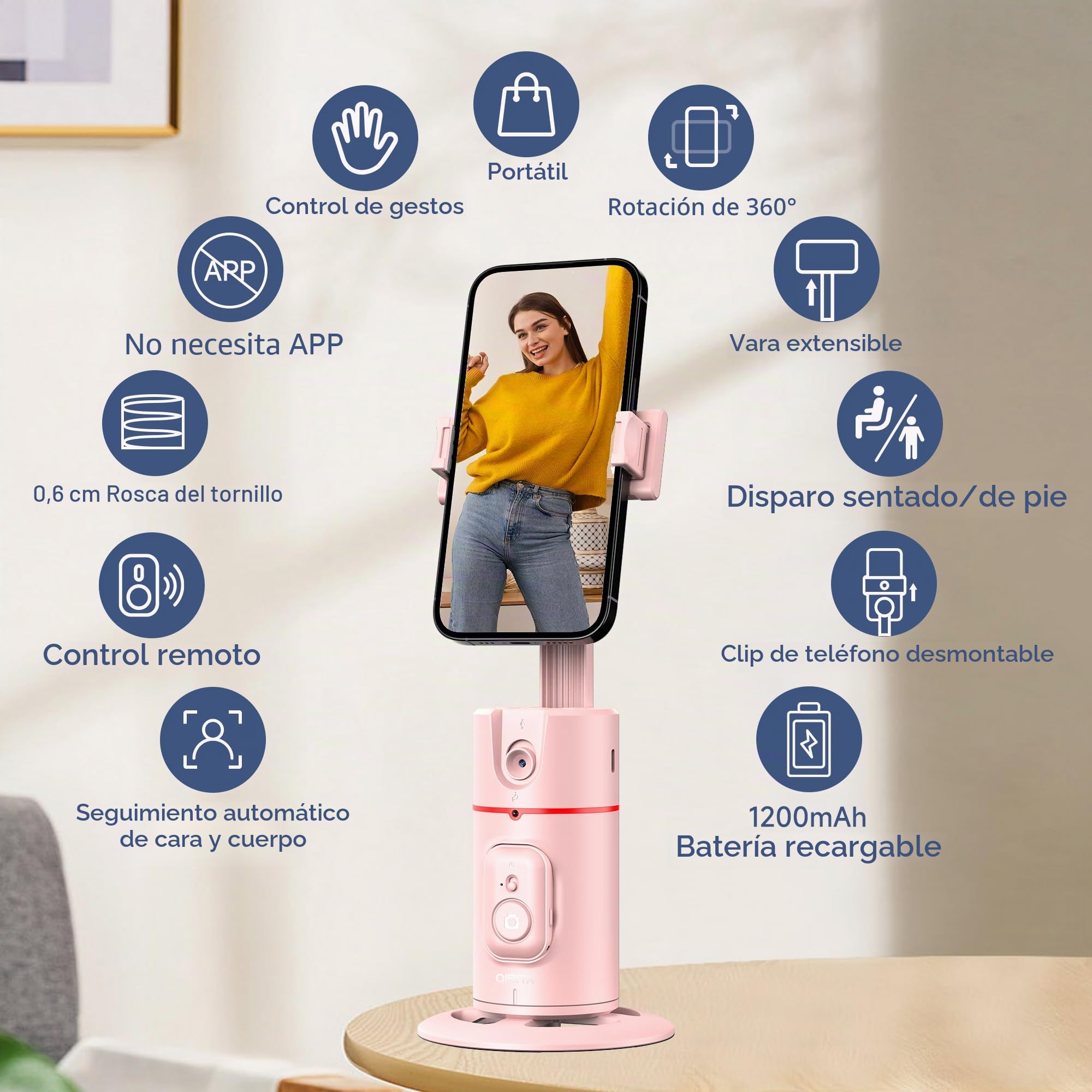 Automatic Face Tracking Mobile Stand, Gesture Control & Remote Control, 360 Degree Rotating Mobile Camera Stand, iPhone Selfie Stick Tripod, Telescopic Bar (Pink)