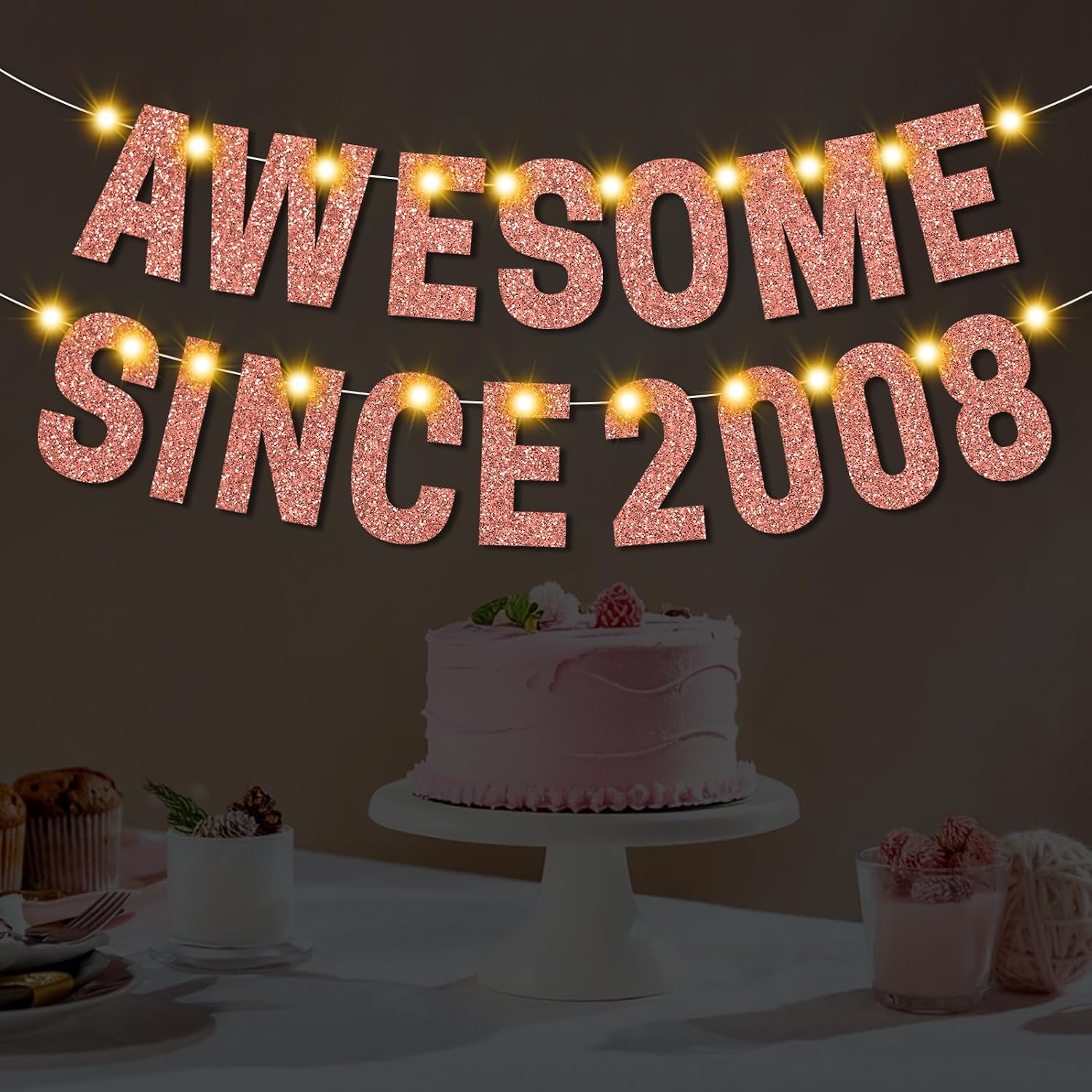 Happy 21st Birthday Party Decorations for Girls, Pre-Strung Rose Gold AWESOME SINCE 2005 Birthday Banner with 2pcs 3.2ft/1m Warm White LED Lights, 21 Years Old Bday Party Supplies Sign Favor