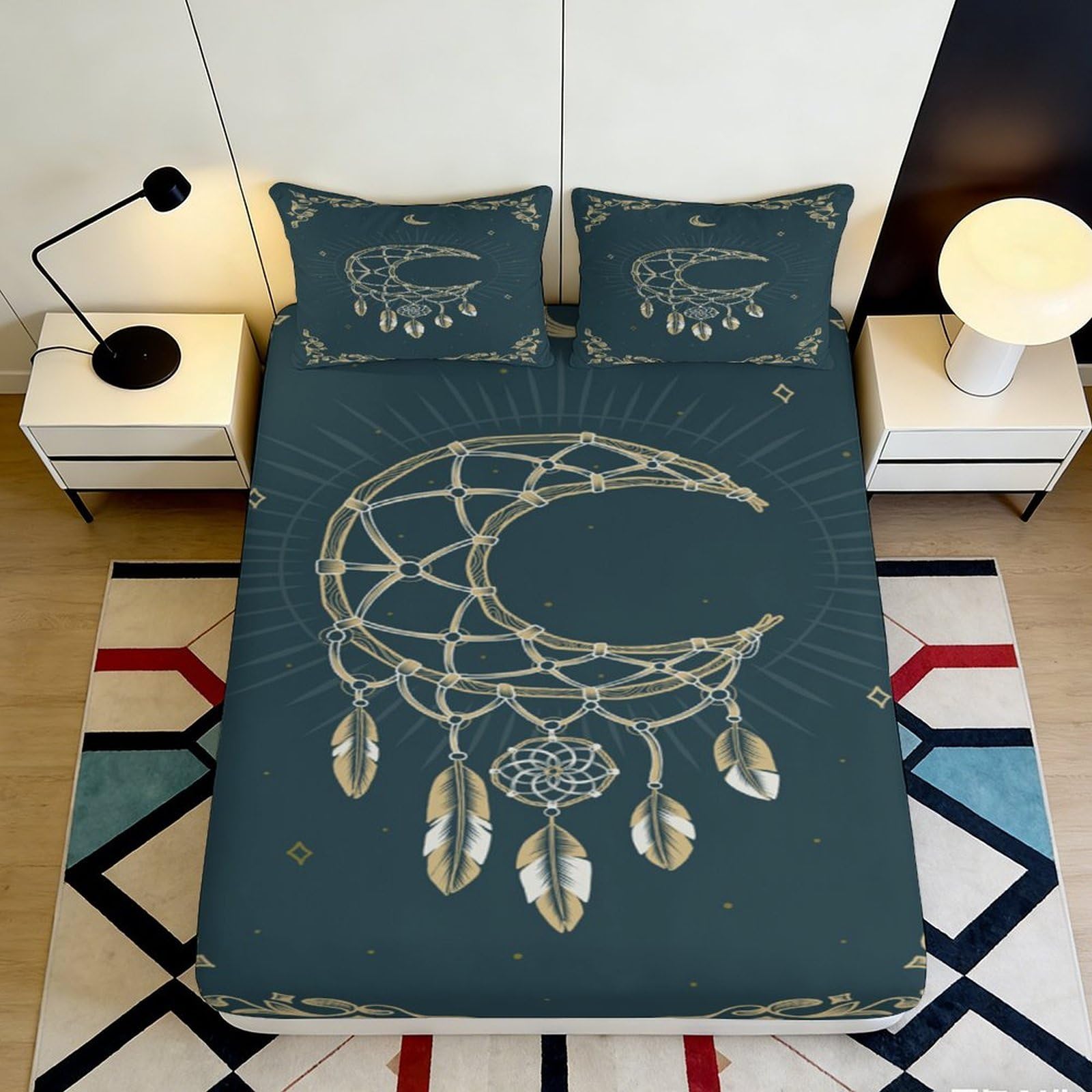 3D Printed Moon Dreamcatcher Fitted Sheet Microfiber Soft Durable Celestial Bed Cover for Bedroom Dormitory Guest Room Mattress Protection Decor 120x200x25cm