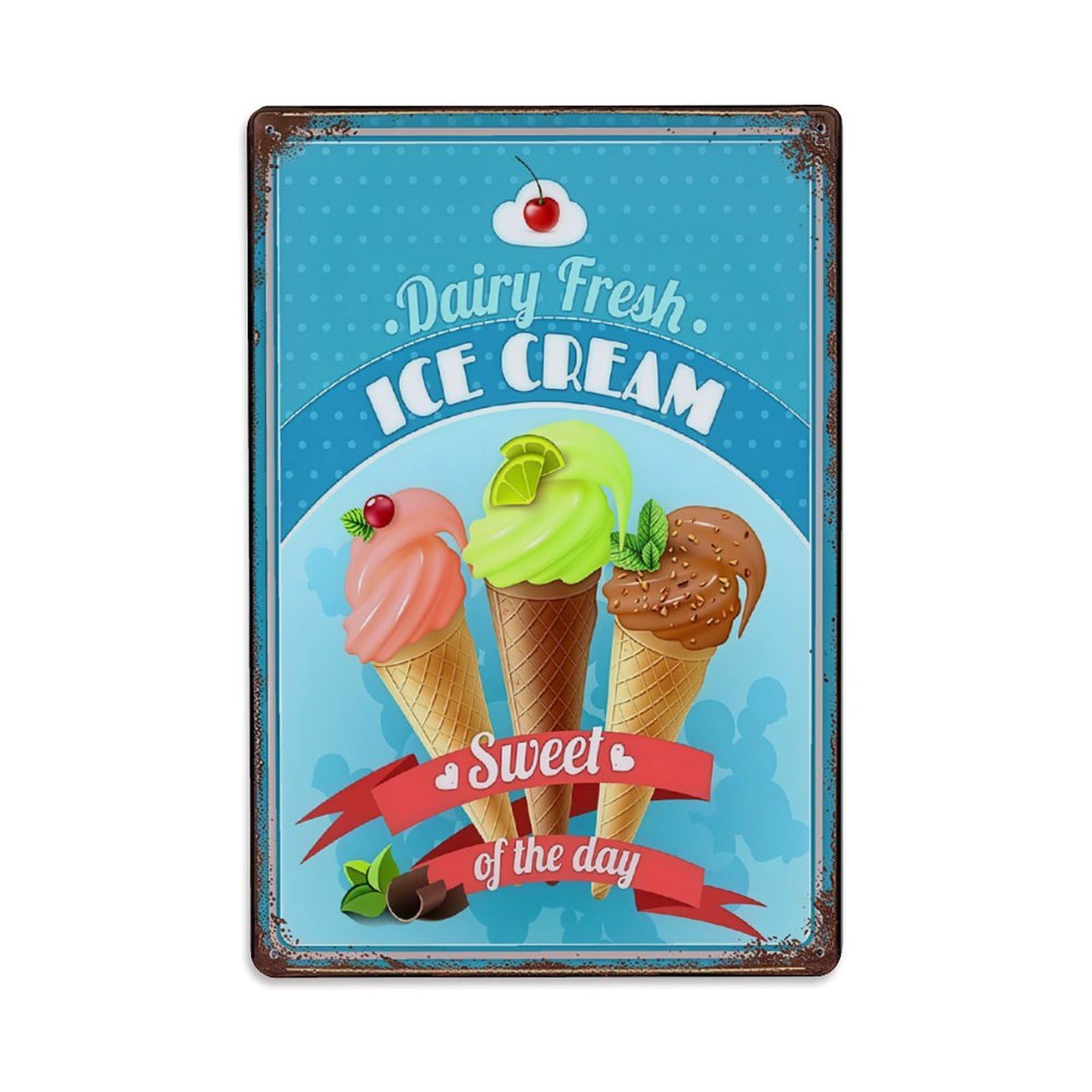 Dairy Fresh Ice Cream Vintage Wall Plaque Vintage Aluminium Metal Sign, Retro Wall Decor for Home, Bar, Garage & Farmhouse 30x20cm