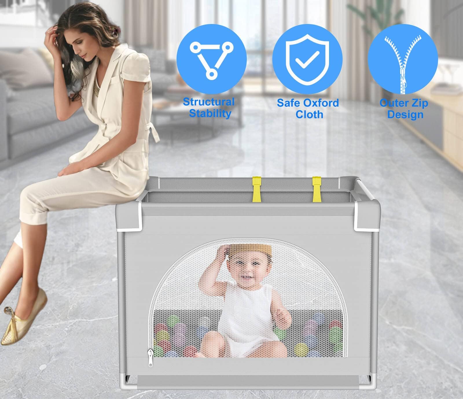 Box Bambini,Recinto per Bambini 90x90cm con Porta di Sicurezza,Traspirante e Antiscivolo,Portatile 0-6 anni,Adatto per Interni ed Esterni Box