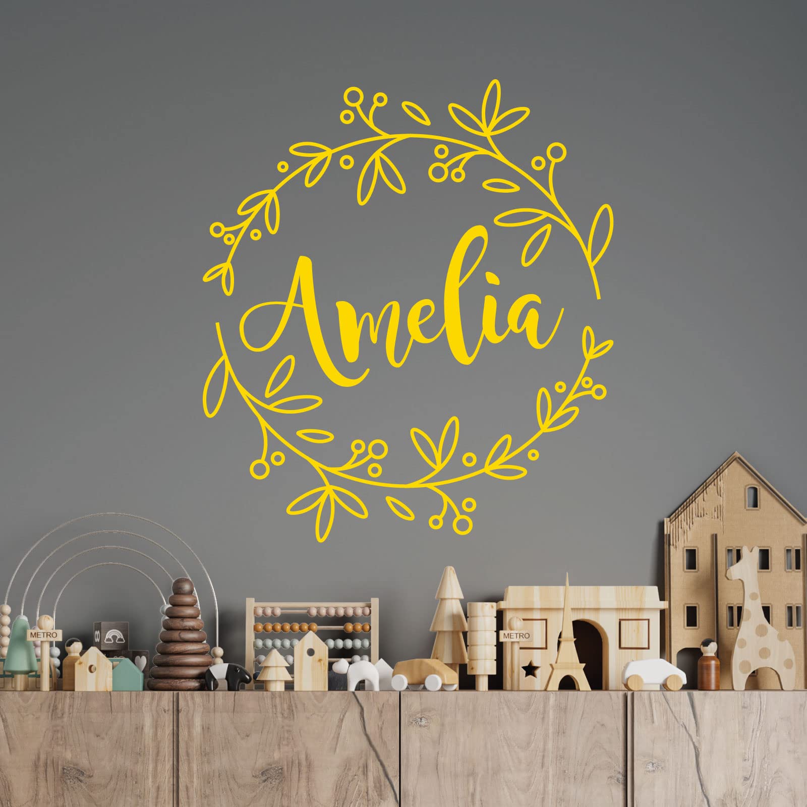 Personalised Name - Floral Wreath - Nursery Vinyl Wall Decal Sticker [Medium] [Medium Yellow]