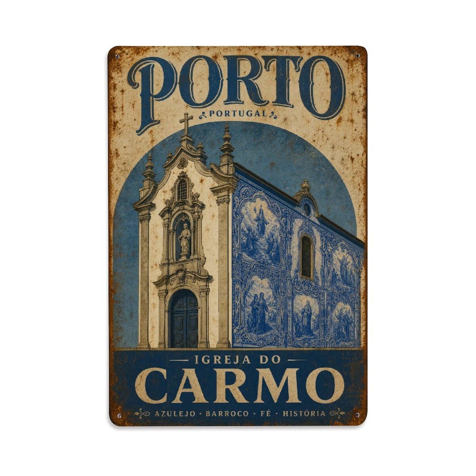 Vintage Travel Carmo Church Azulejo Wall Facade Portugal Metal Tin Sign