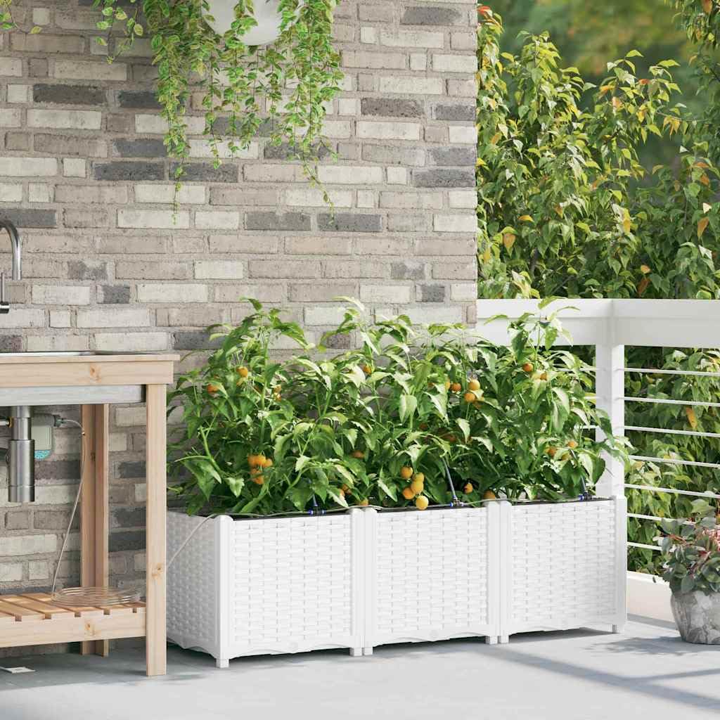 Juego de 3 macetas de jardín de acero blanco, 120 x 40 x 37,5 cm, jardinera elevada con riego, diseño moderno, metal resistente, para terraza, balcón y jardín
