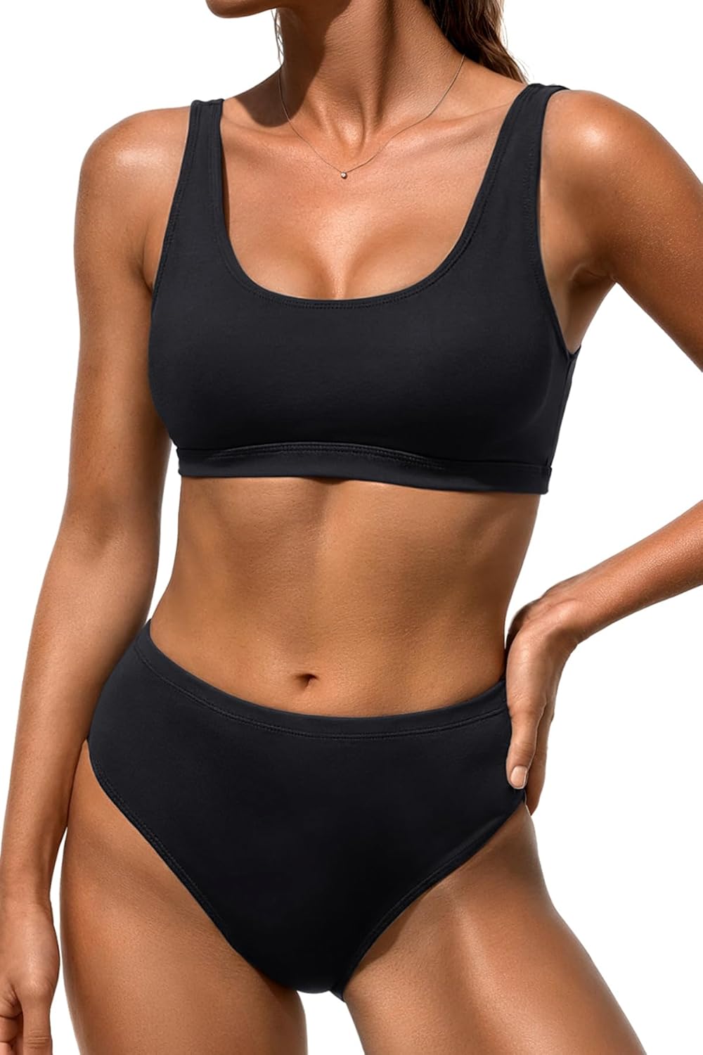 Tempt Me Women Two Piece Scoop Neck Bikini Crop Top Swimsuit Sporty High Waisted Bathing Suit