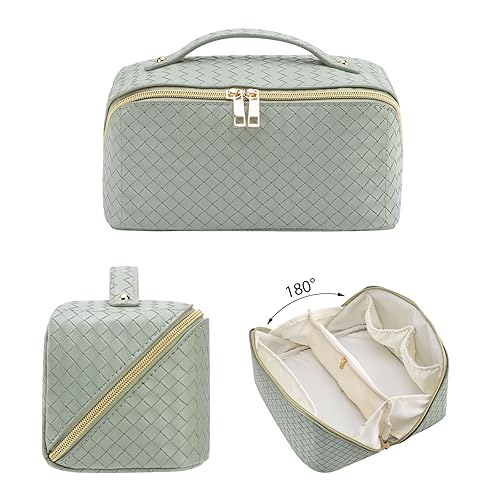 Miniatura 7 de Bolsa de cosméticos de viaje de gran capacidad, bolsa de aseo personal, bolsa de maquillaje portátil para mujer, se abre plana para un fácil acceso,